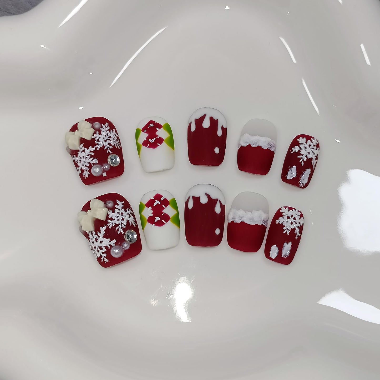 TENPAL Squoval Press on Nails -Acrylic Red Velvet Matte with Pearl Plaid & Snowfall Design | Handmade Winter Elegant Fake Nails with Tools | Christmas Party Gift Set(L)