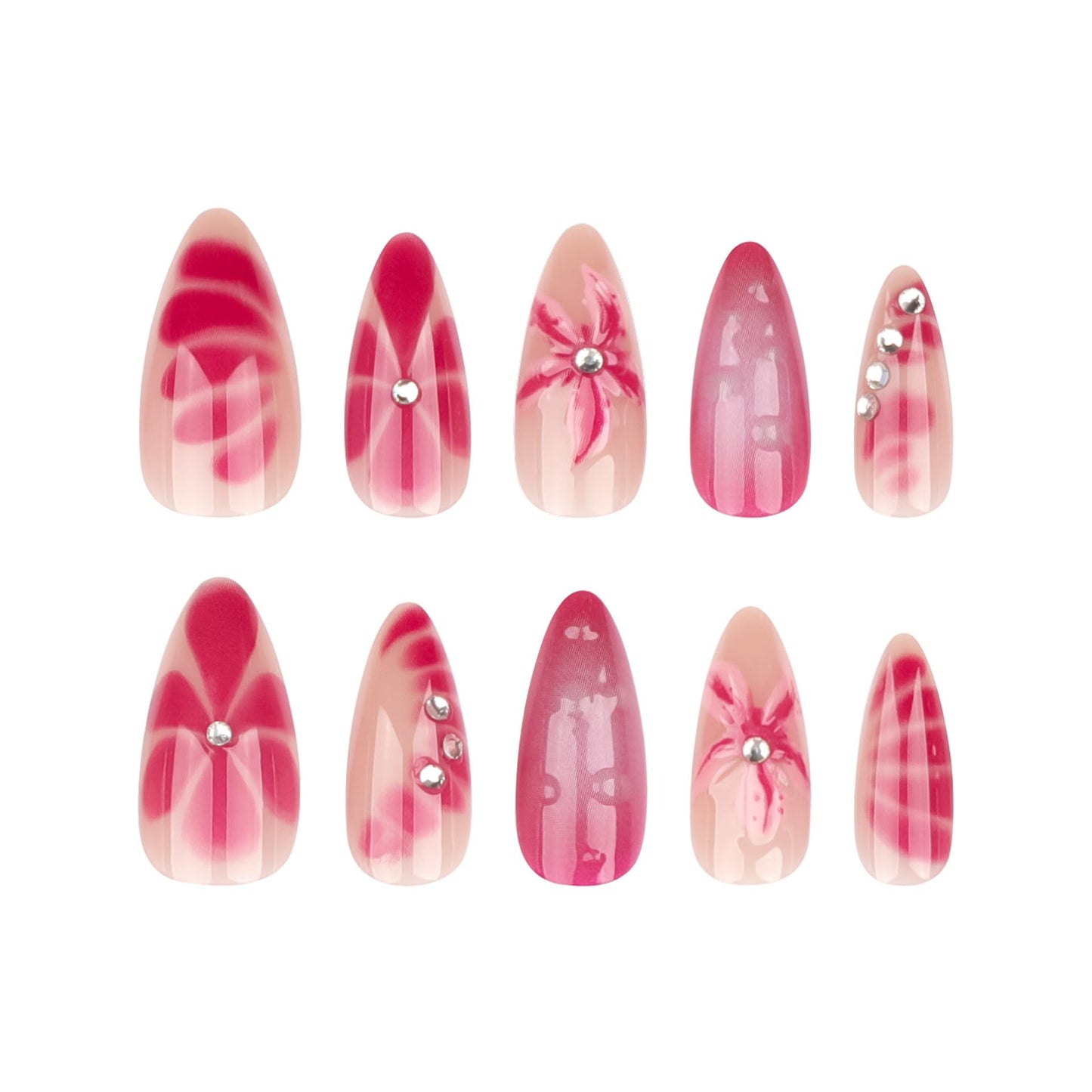 Press on Nails Medium Almond Fake Nails Ombre Red with 3D Flower Design Glossy Full Cover Stcik on False Nails for Women Manicure 24Pcs