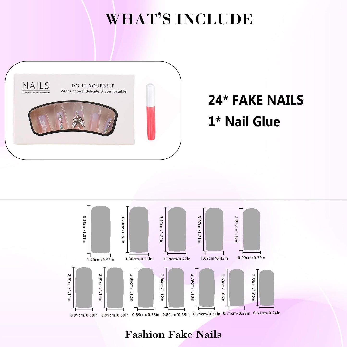 IMRAIN Press on Nails Long Square Fake Nails Purple Gradient Glossy False Nails Full Cover Glue on Nails with Butterfly Rhinestone Designs Artificial Summer Acrylic Squoval Nail Kit
