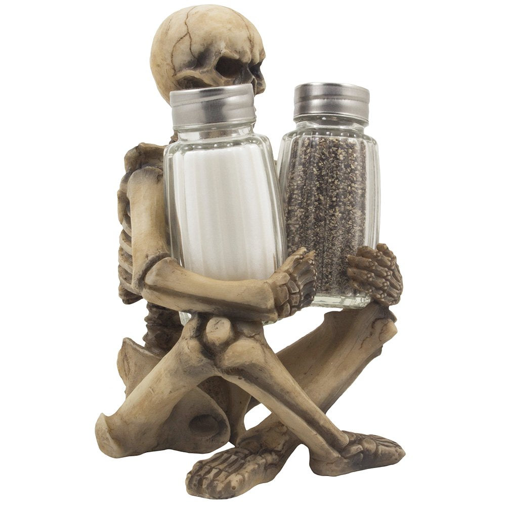 Scary Skeleton Glass Salt and Pepper Shaker Set with Decorative Spice Rack Display Stand Holder Figurine for Spooky Halloween Party Decorations and Skulls & Skeletons Kitchen Décor As Gothic Gifts