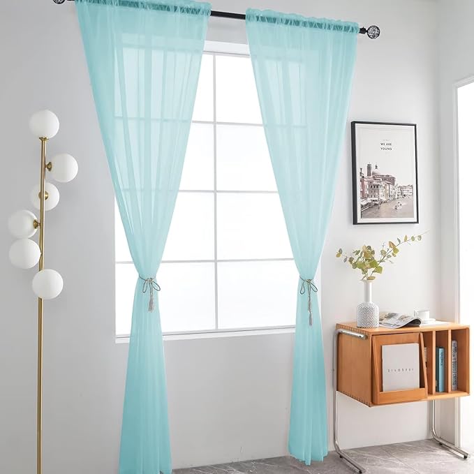 SpaceDresser Basic Rod Pocket Sheer Voile Window Curtain Panels Sky Blue 1 Pair 2 Panels 52 Width 96 Inch Long for Kitchen Bedroom Children Living Room Yard（Sky Blue, 52W x 96L）