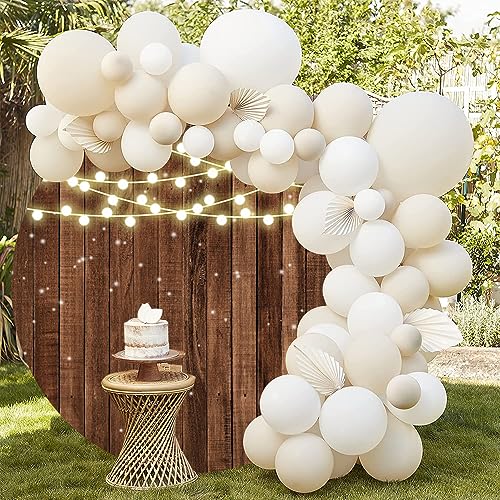 7.5x7.5ft Glitter Rustic Wood Round Backdrop Brown Wooden Texture String Lights Circle Photography Background for Baby Shower Birthday Wedding Bridal Shower Party Banner Photo Booth Props - size: 7.5x7.5ft-Diameter