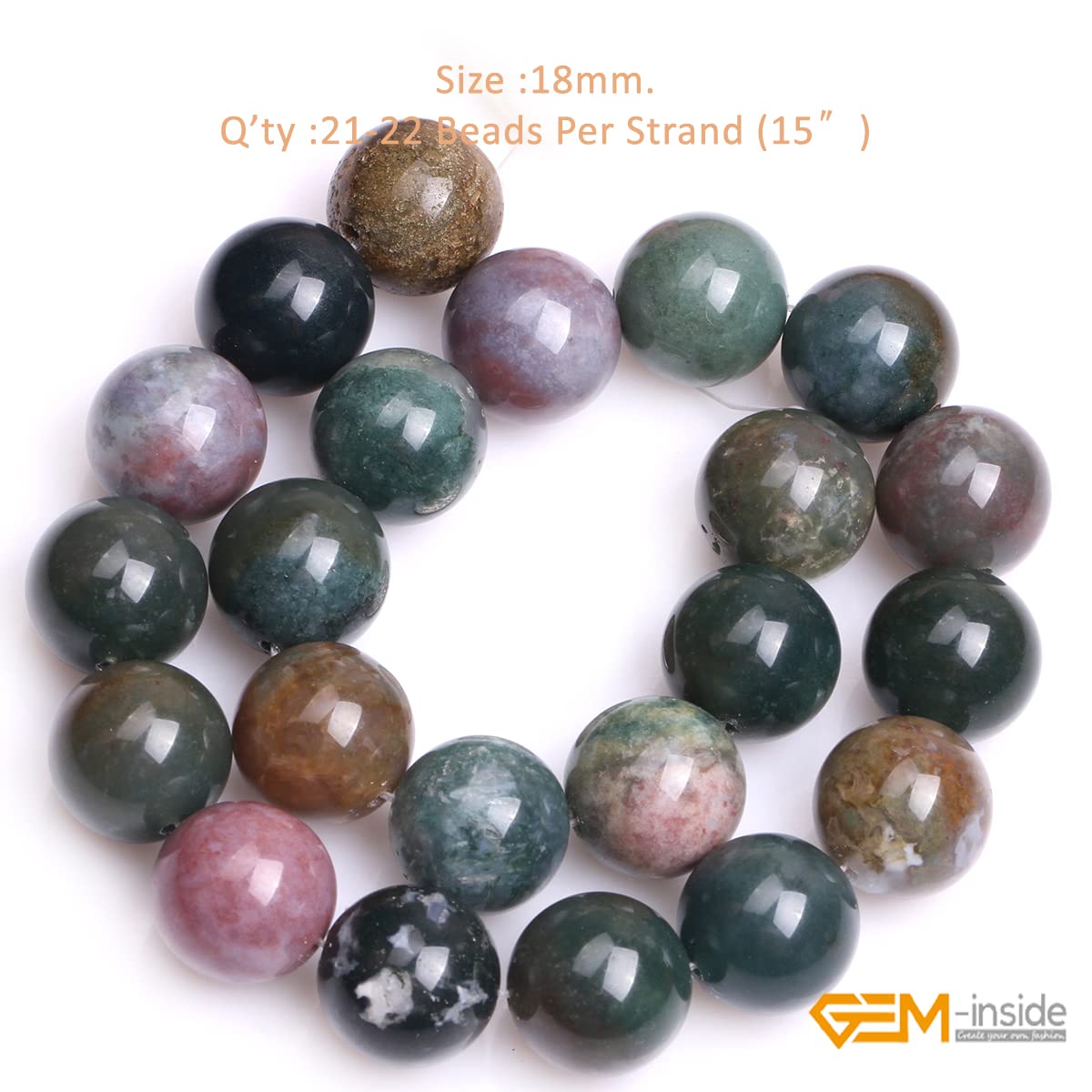 GEM-Inside Natural 18mm Indian Agate Gemstone Loose Beads Round Crystal Energy Stone Power Beads for Jewelry Making 15"