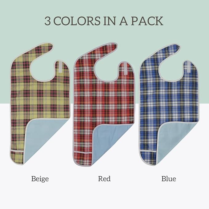 Modaliv 3-Pack Adult Bibs – Waterproof, Reusable Eating Aprons with Crumb Catcher, Machine Washable Clothing Protectors for Seniors, Elderly & Special Needs