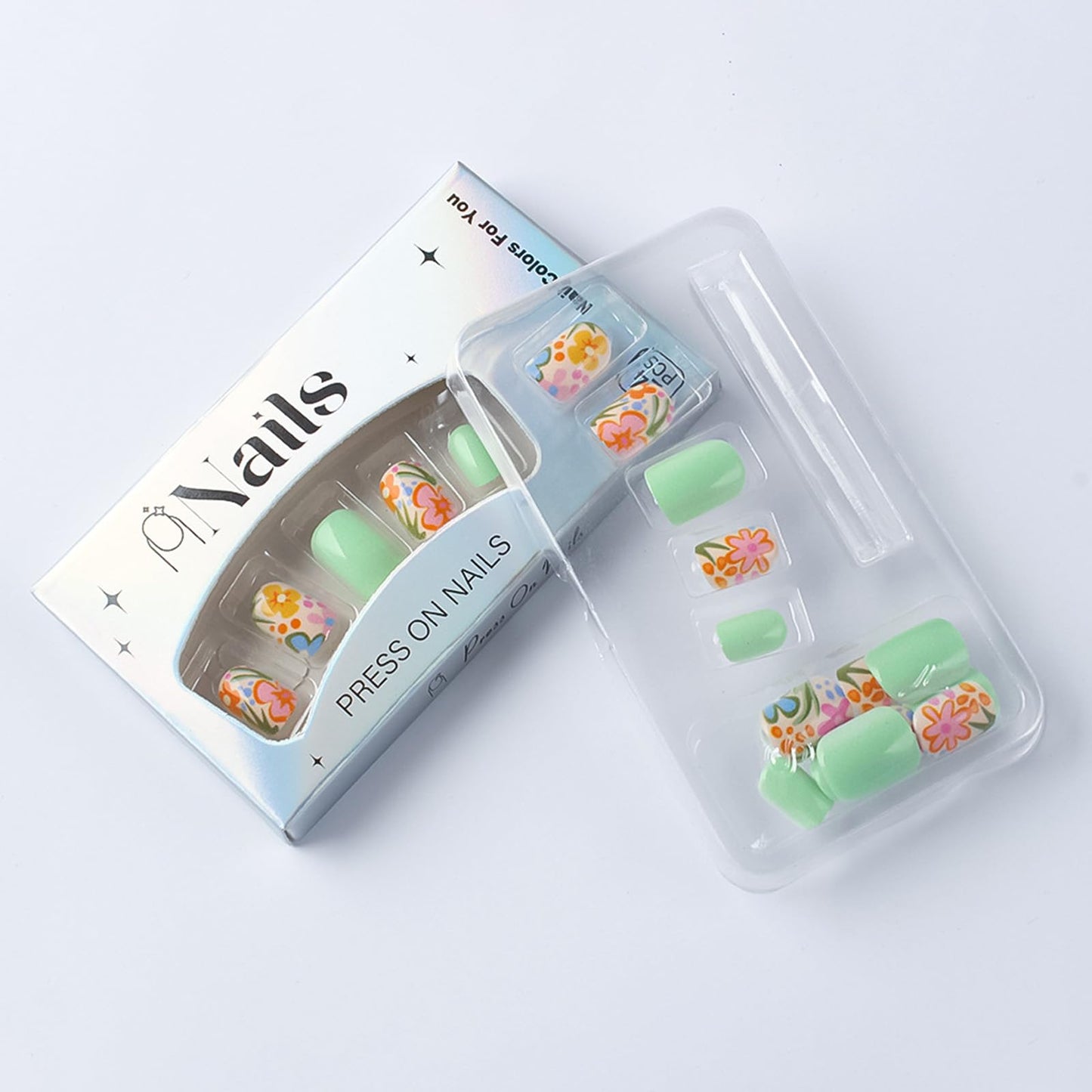 Sage Green Press on Nails Short Square Fake Nails with Cute Flowers Design Spring Summer False Nails Press ons Glossy Stick on Nail Reusable Artificial Glue on Nails for Women 24Pcs