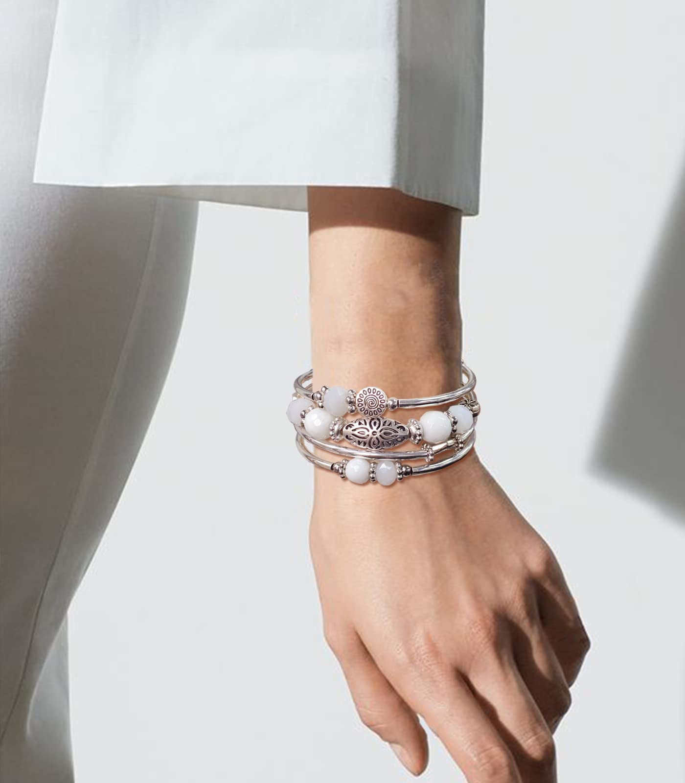 FULU AUTUMN Stackable Beaded Bracelets for Women Boho Wrap Silver Bracelet Layered Fashion Jewelry Gifts for Her(Porcelain White)