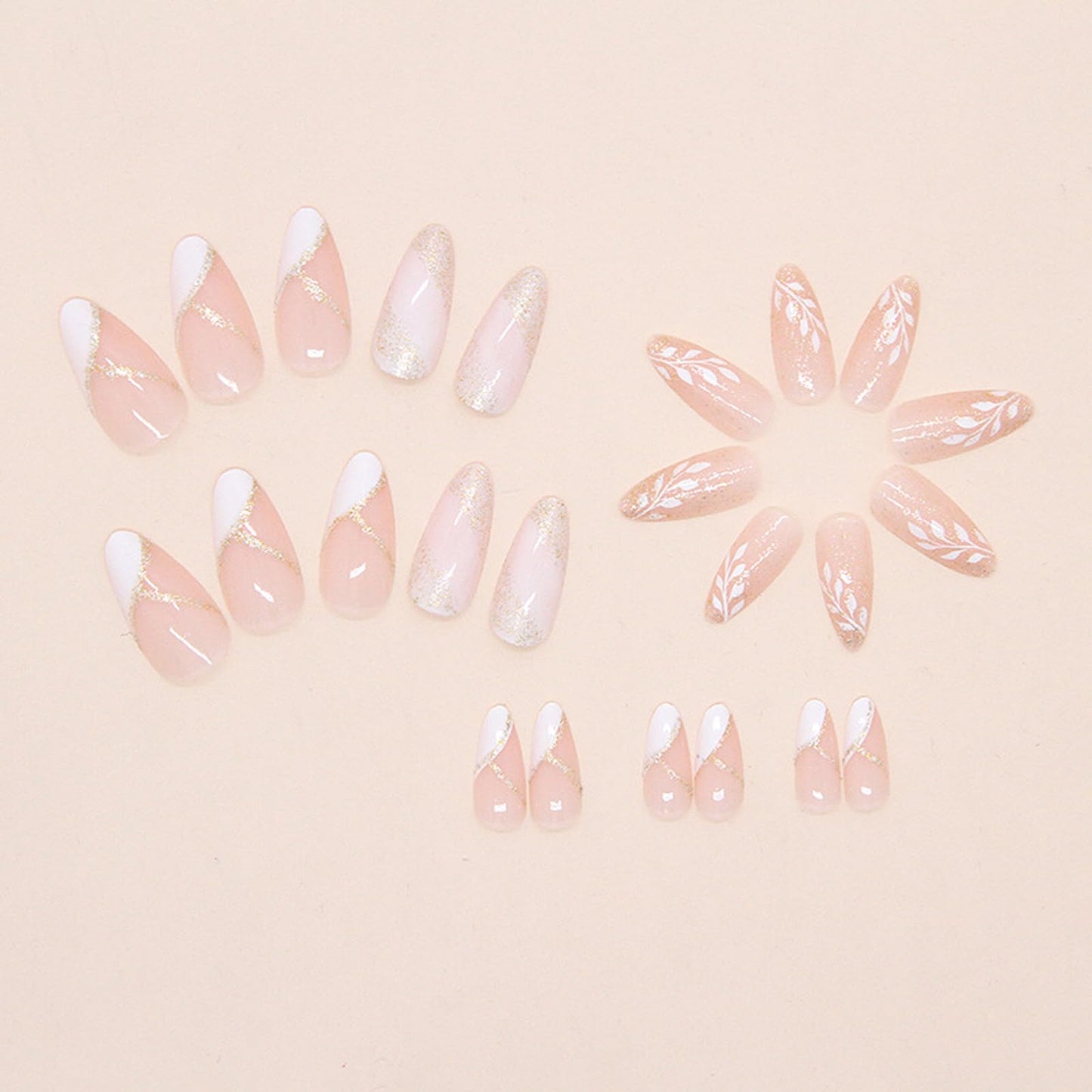 IMSOHOT Press on Nails Almond Medium Fake Nails with White Flower Designs Summer Floral Artificial Glossy Full Cover Golden Glitter Stick on Nails for Women 24Pcs