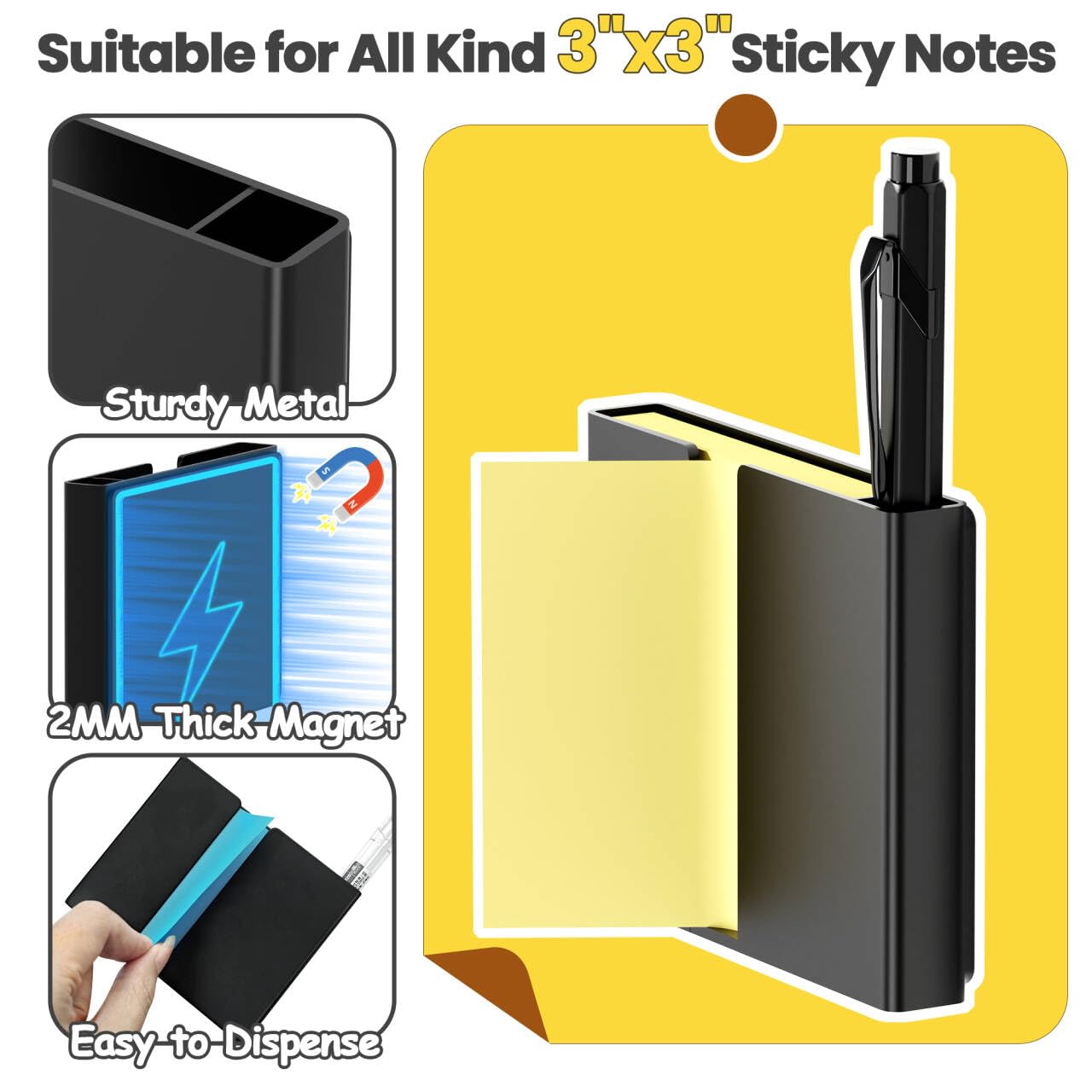 Sticky Note Dispenser, Magnetic Sticky Note Holder for Post It Notes, 3 x 3 Inch Sticky Note Pen Organizer for Office Home Classroom, Black
