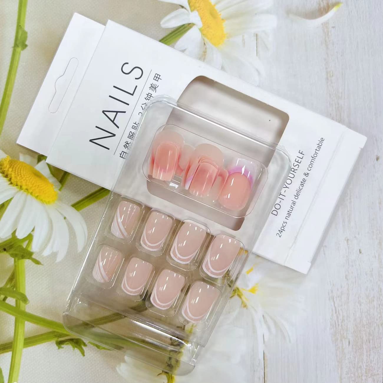 French Tip Press on Nails Medium Square Fake Nails Sweet White Nail Tips Designs Full Cover Square Shape False Nails Nude Acrylic Glue on Nails Medium Length for Women Girls, 24PCS