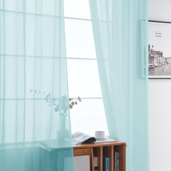 SpaceDresser Basic Rod Pocket Sheer Voile Window Curtain Panels Sky Blue 1 Pair 2 Panels 52 Width 54 Inch Long for Kitchen Bedroom Children Living Room Yard（Sky Blue, 52W x 54L）