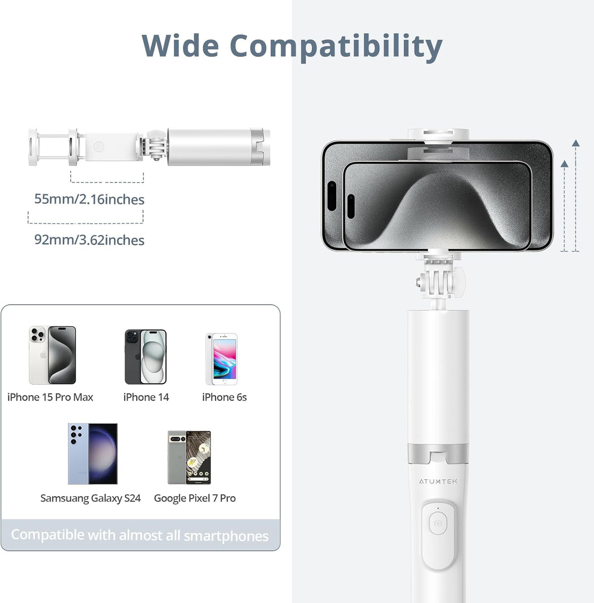 ATUMTEK 63" Phone Tripod, Extendable Selfie Stick Tripod with Bluetooth Remote, All-in-One Aluminum with Cold Shoe Mount for GoPro, 4"-7" iPhone and Android Smartphones, White