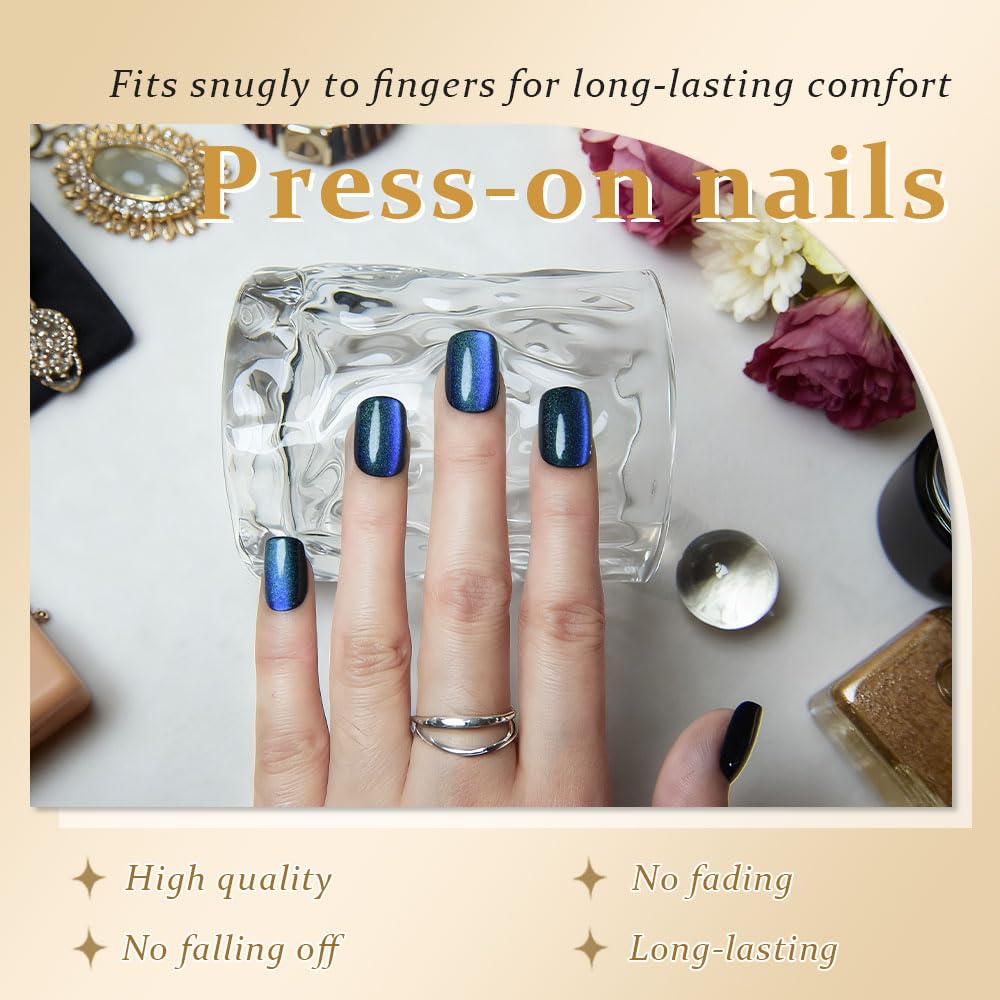 evpct Teal Blue Cat Eye Extra Short Square Press on Nails, Petite Short Square Stick on Nails for Women Gift, Holographic Glossy Fake Nail Reusable, Soft Press on Acrylic Nail with Designs