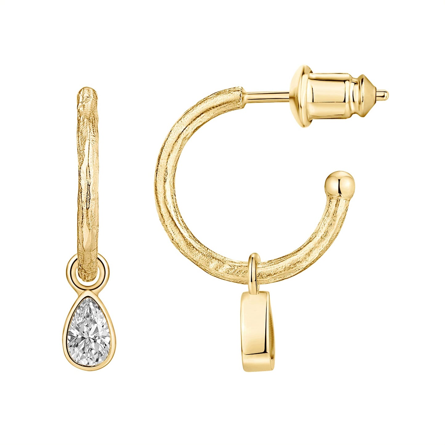 PAVOI 14K Yellow Gold Plated 925 Sterling Silver Post Dangle Huggie Hoop Earrings For Women - Trendy Pear Shaped Cubic Zirconia Drop Open Hoop Earrings - Small Hinged Hammered Huggies