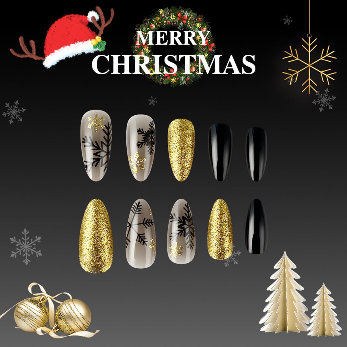 Christmas Press On Nails Medium Almond Fake Nails Snowflake With Gradient Design Xmas Glue On Nails Winter Glue On Nail Acrylic Artificial Stick On Nails For Women Manicure 24pcs