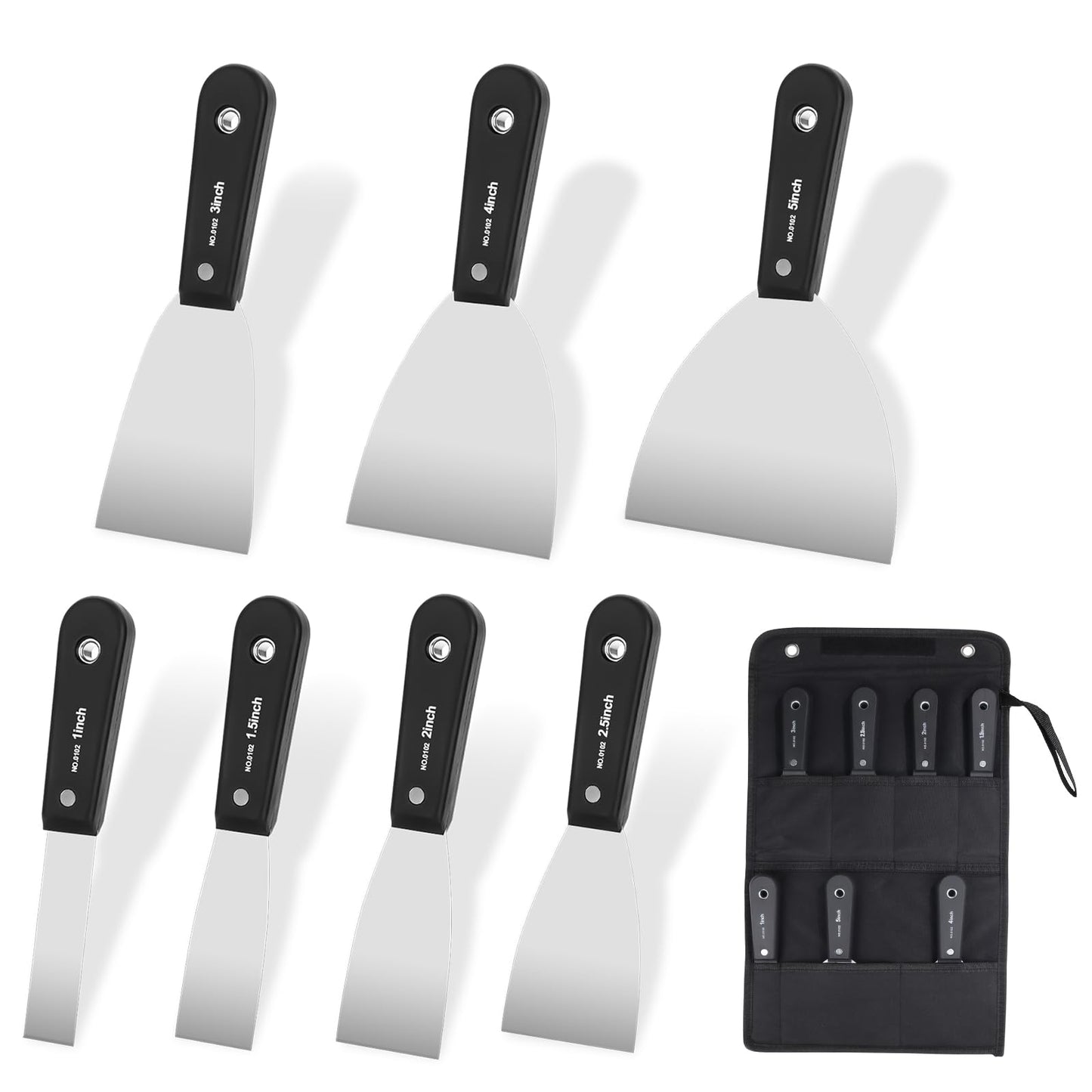 weiwei 7 PCS Metal Putty Knife Set Multi-sized Spackle Knife with Storage Bag Rustproof Putty Scraper Knives Drywall Tools for Wall Repair Wall Paint Spreading Drywall Spackle and Mud for Craftsman