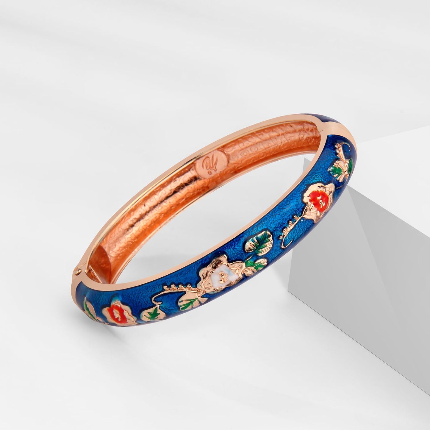 UJOY Womens Multi-Colors Cloisonne Bracelet Gold Plated Flower Enameled Hinged Cuff Bangles Jewelry Gift 55A-3PCS Navy Blue