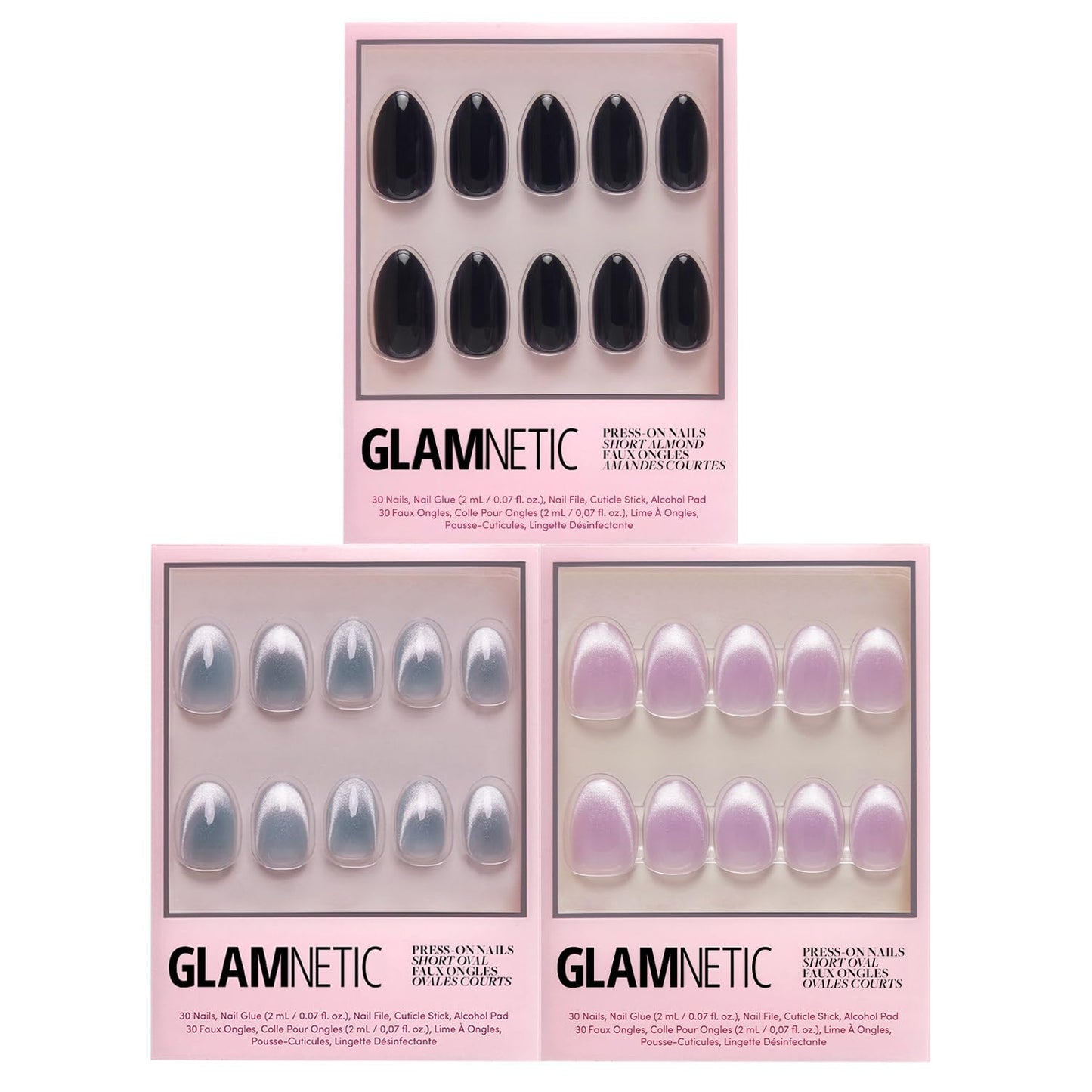 Glamnetic Press-On Nails Bundle - Unicorn Tears, Fairy Dust & Boba | Oval, Misty-Grey Nails with a Metallic Finish | Oval Beige-Pink False Nails with a Metallic Finish | Opaque Black Short