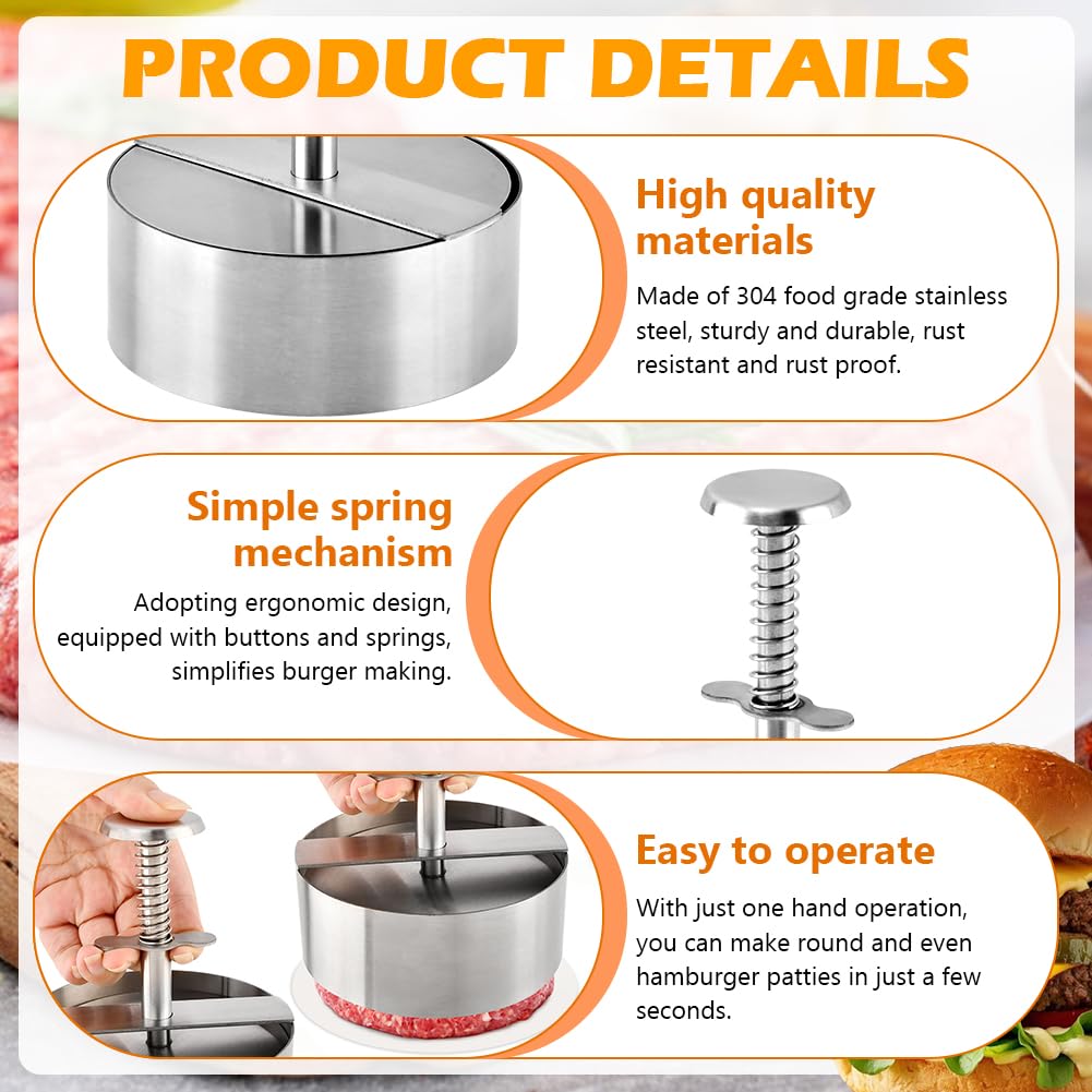 Quivorant 4.5" Burger Maker Press with 50 Patty Papers, 304 Stainless Steel Adjustable Non-Stick Hamburger Patty Maker, for Kitchen BBQ & Sandwich, Beef, Vegetables, Meat, Party Grill, Easy Release