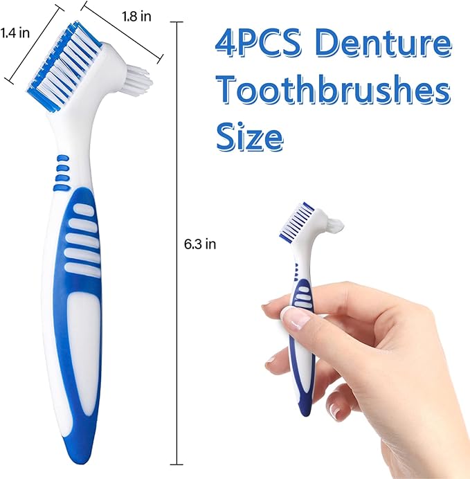 Denture Brush, 4 Pieces Small Toothbrush for Dentures, Multi-Layered Bristles Ergonomic Rubber Handle for False Teeth Cleaning