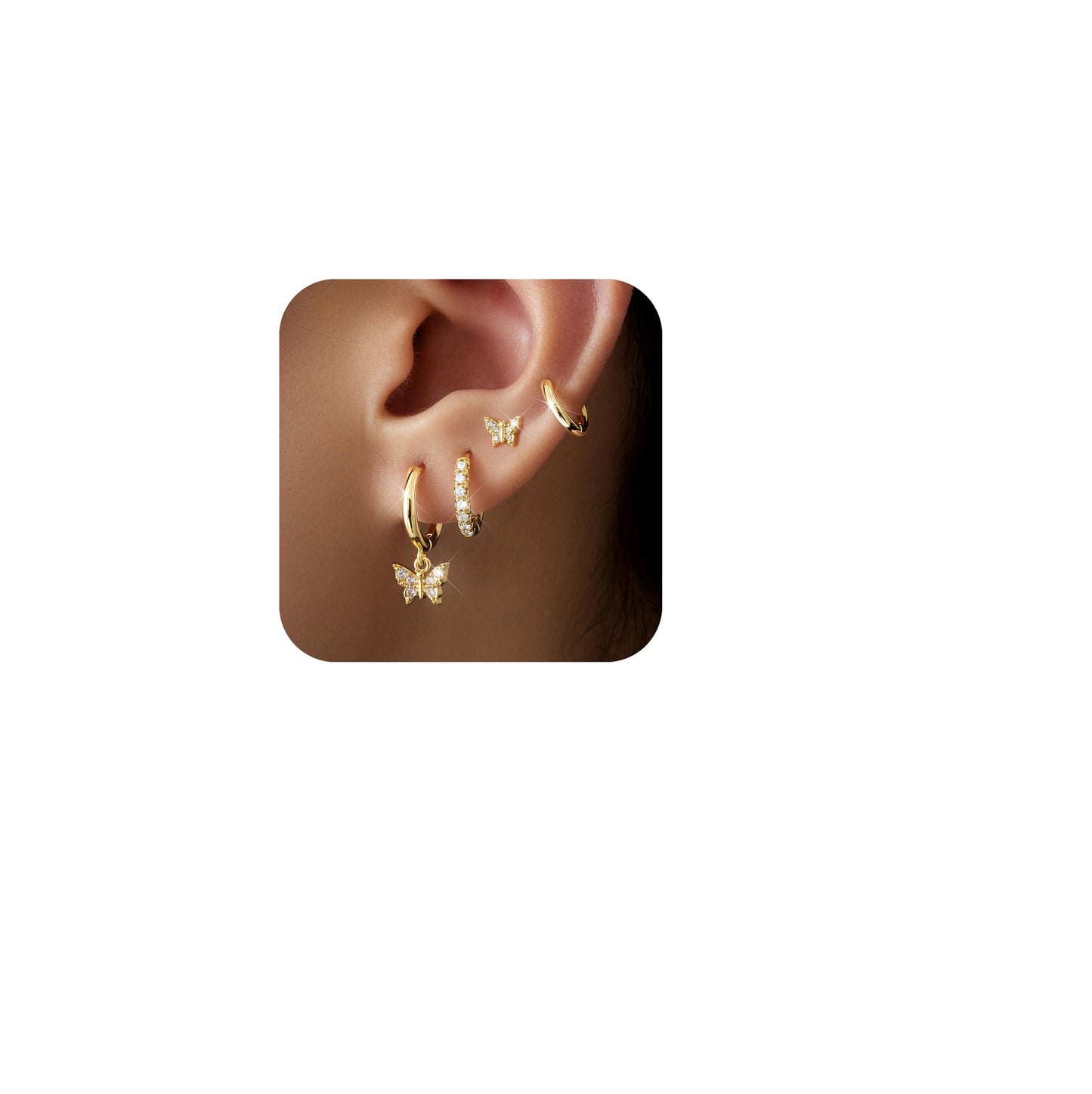Gold Butterfly Earrings for Women, Huggie Small Stack Cartilage Stud Hoop Earring Sets for Multiple Double Piercing, Conch Helix Rook Tragus Daith Piercing Gold Clip On Jewelry Set Gifts