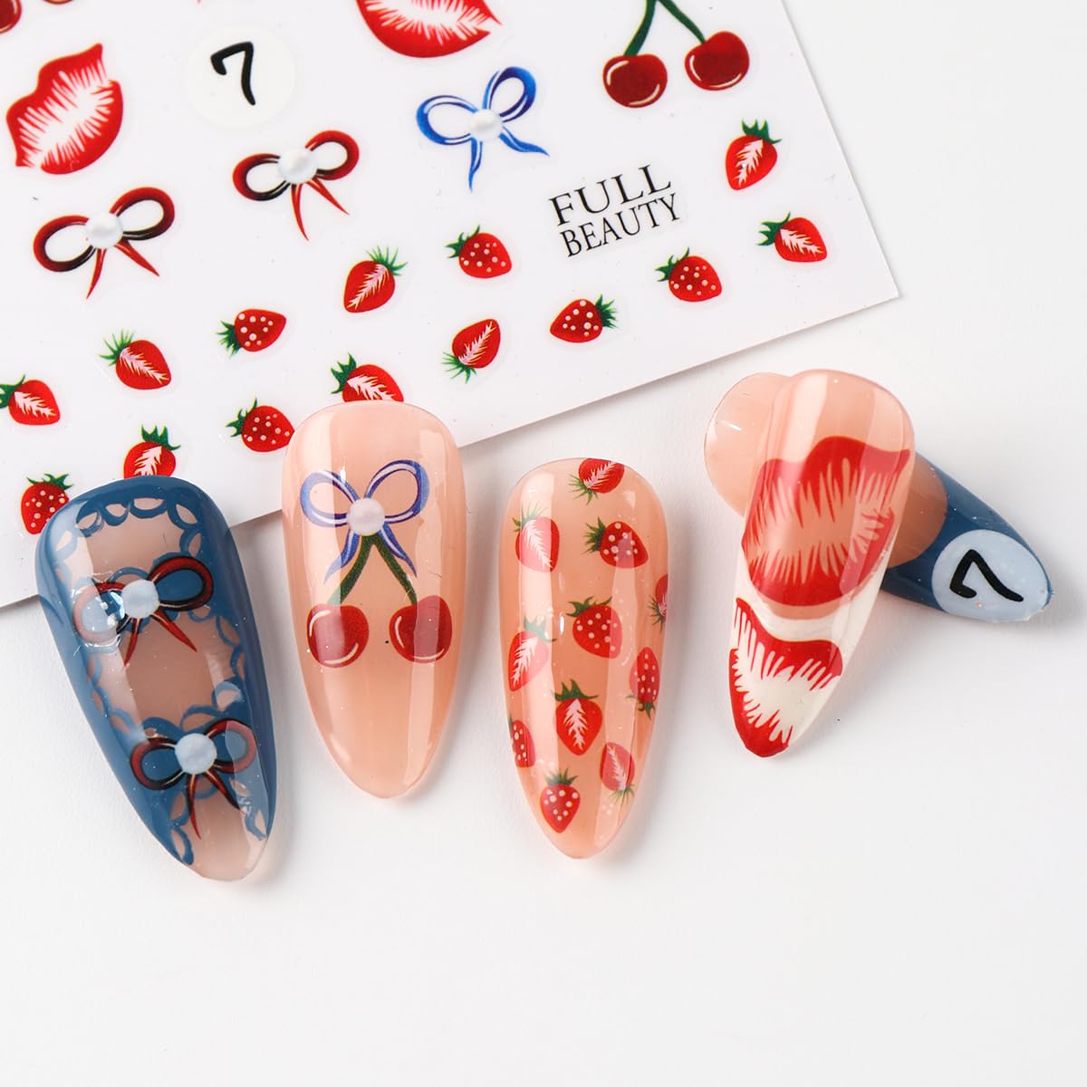 Strawberry Lips Nail Art Stickers Bow Cherry Nail Art Decals 3D 6Sheets Self-Adhesive Fruit Stickers Beetle Flower Leaf Nail Designs for Women Summer Fresh Style Nail Supplies Decorations