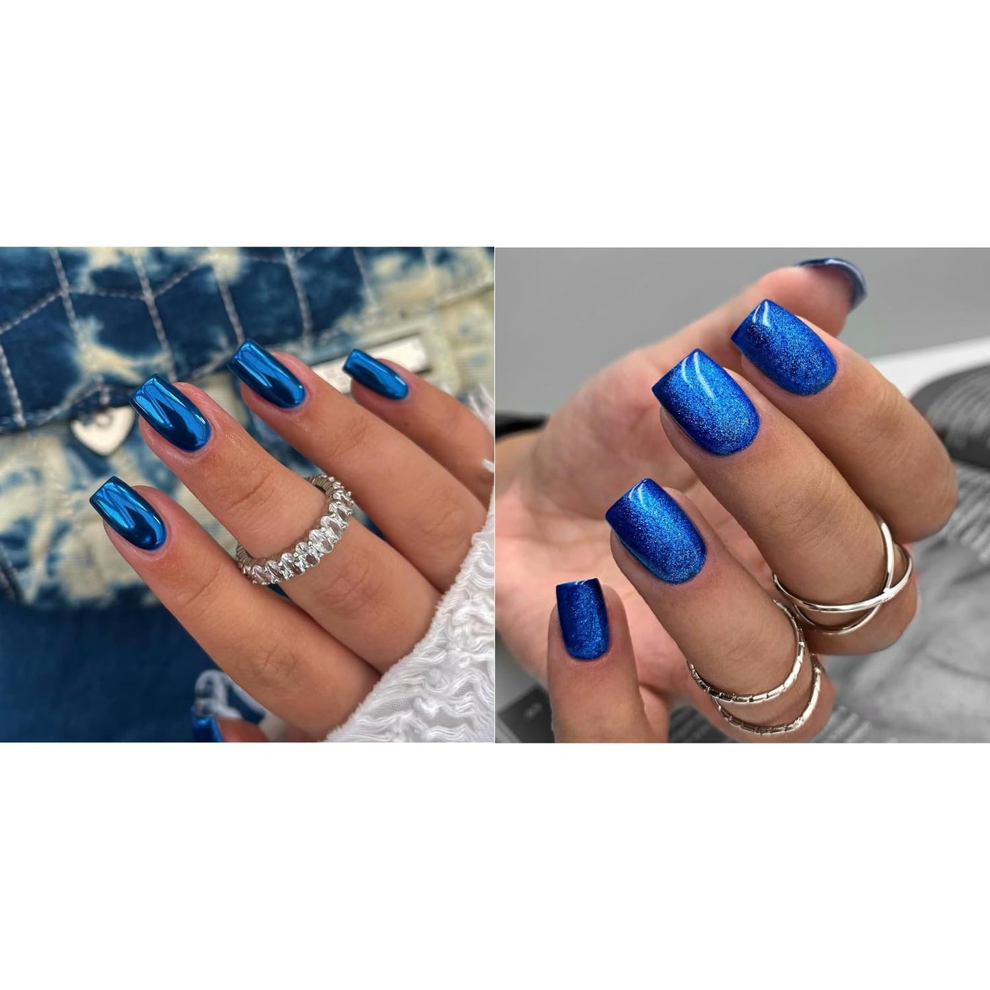 KQueenest Royal Blue Chrome Press on Nails Short Medium Square&Royal Blue Glitter Press on Nails Short Square For Beach Party Daily Decoration in 48 PCS