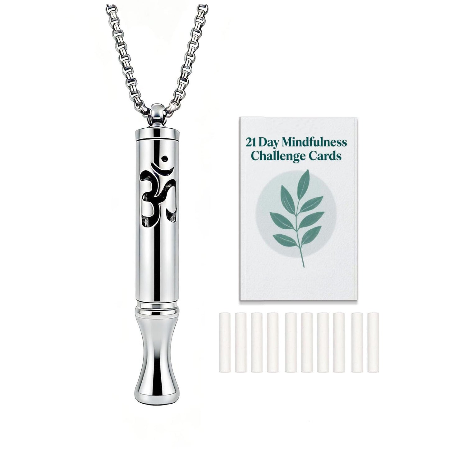 phaxud Stainless Steel Mindful Breathing Necklace with Aromatherapy Diffuser & Guided Meditation Cards, Calming Relaxation Tool for Meditation & Healthy Habit (Necklace with card, Silver)