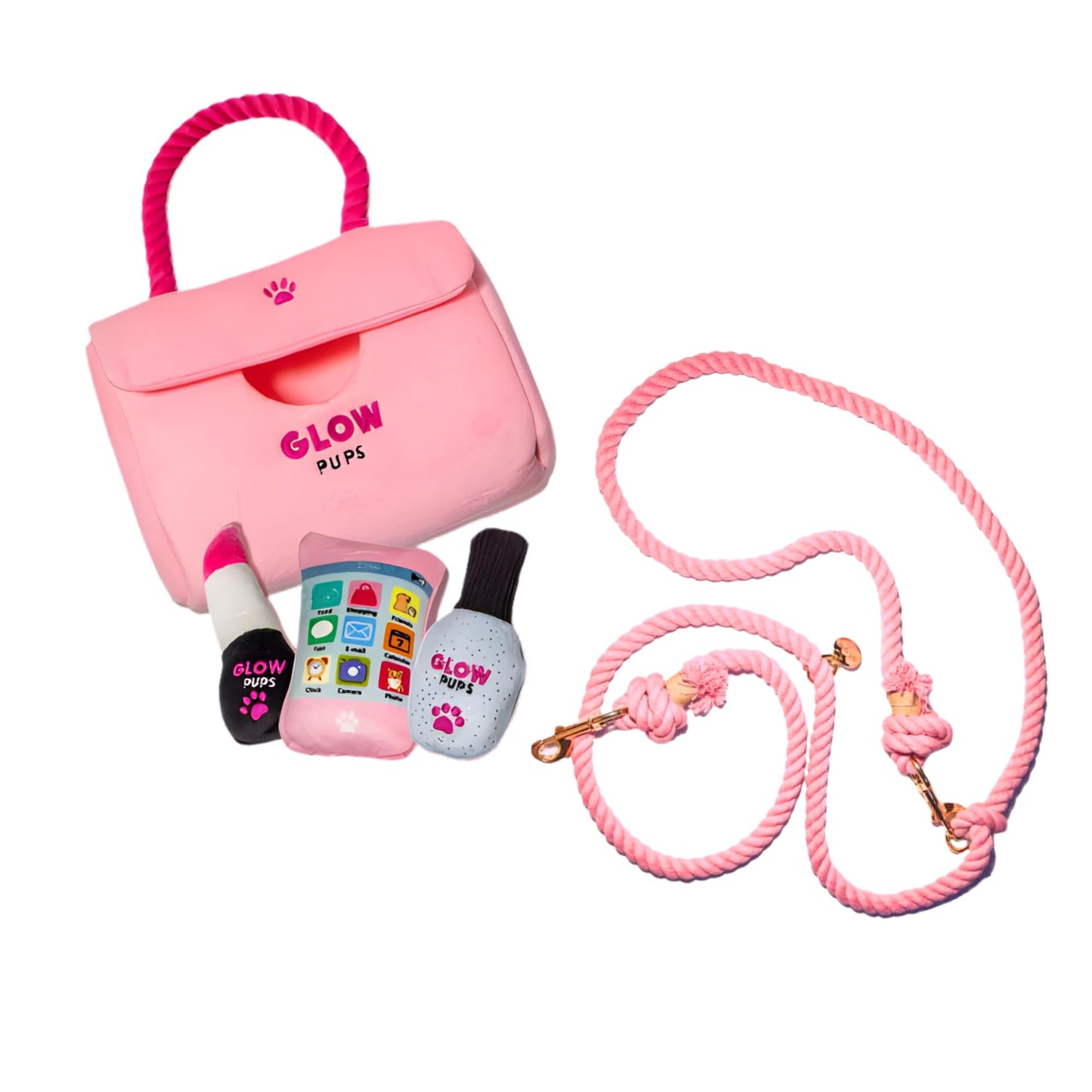 Glow Pups "Fashion Forward Walking Bundle: Pink Designer-Style Plush Purse Dog Toy Set (Includes Paw-Phone, Lipstick, Nail Polish) + Matching Light Pink Hands-Free Rope Dog Leash (5-Piece Set)