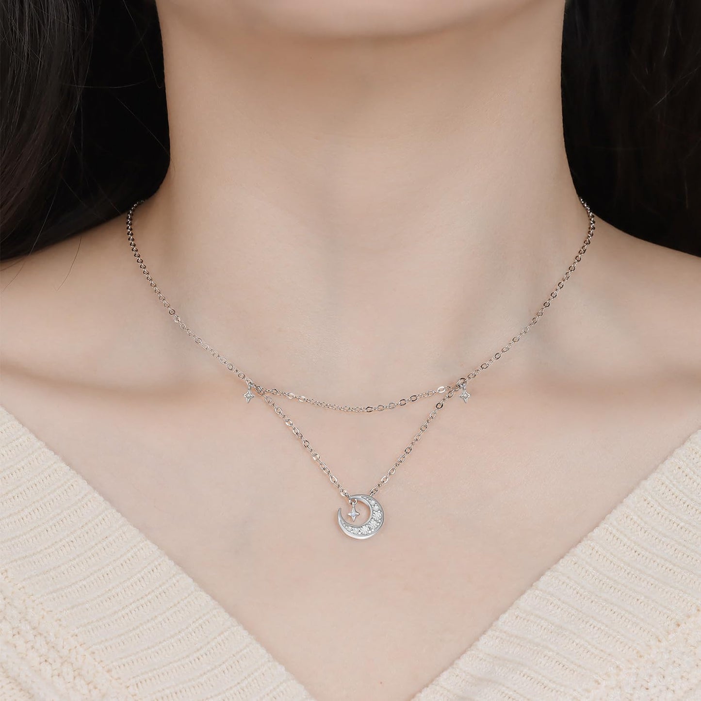 MISEFF 925 Sterling Silver Fashion Pendant Necklace for Women，Fashion Jewelry, 18K Gold Plated， Advanced Retro Series Link Chains ，Basic Multifunctional Accessories Suitable for Multiple Occasions and Daily Wear (moon)