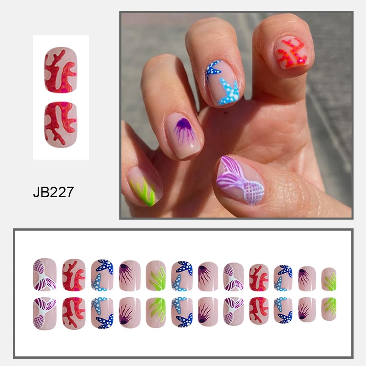 Beach Press on Nails Short Square Fake Nails Summer False Nails Press ons with Starfish Coral Mermaid Jellyfish Design Reusable Artificial Nails Full Cover Stick on Nails for Women Manicure 24 Pcs