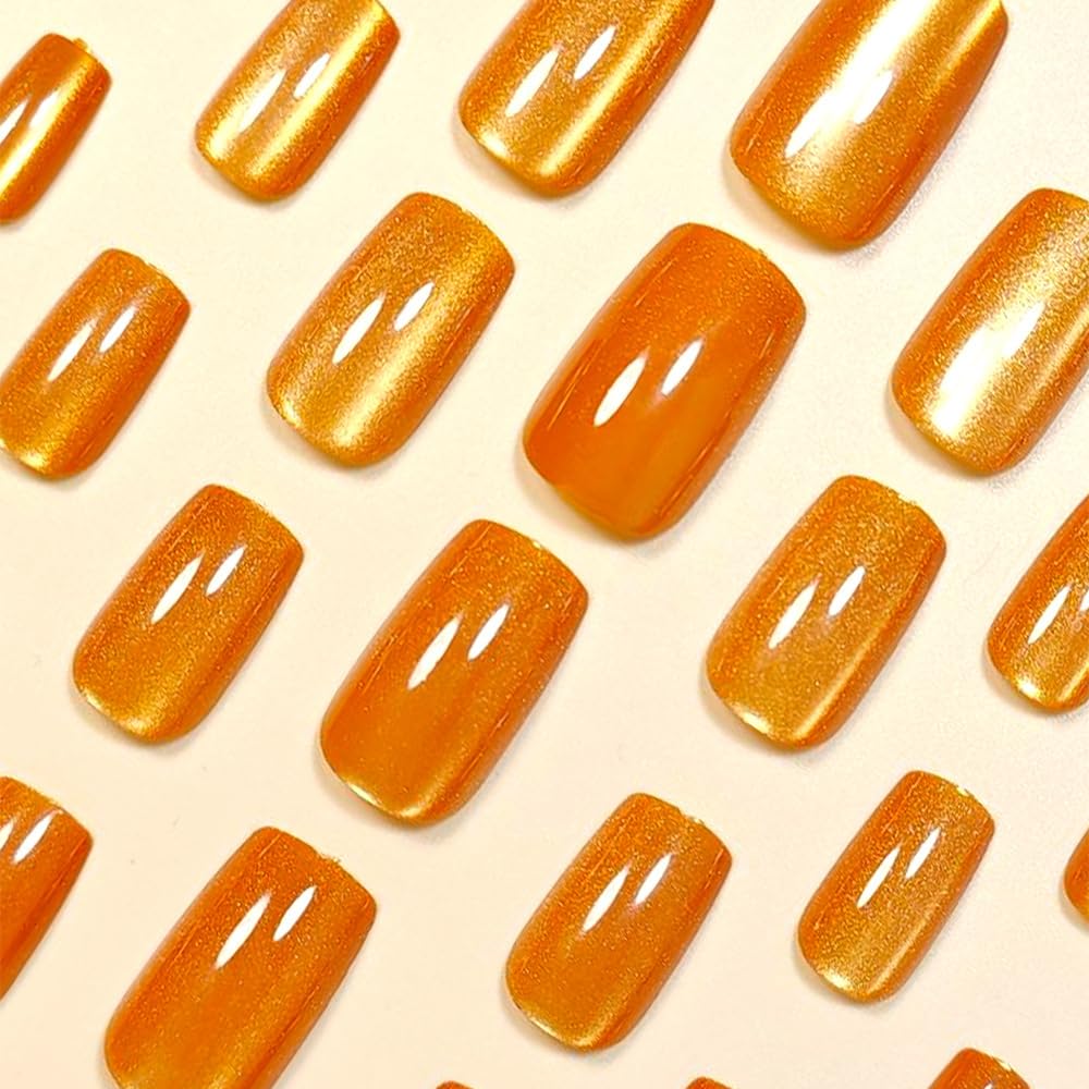 Square Press on Nails Medium Glitter Gold Fake Nails Cat Eye Fall Full Cover Stick on Acrylic False Nails for Women 24 Pcs