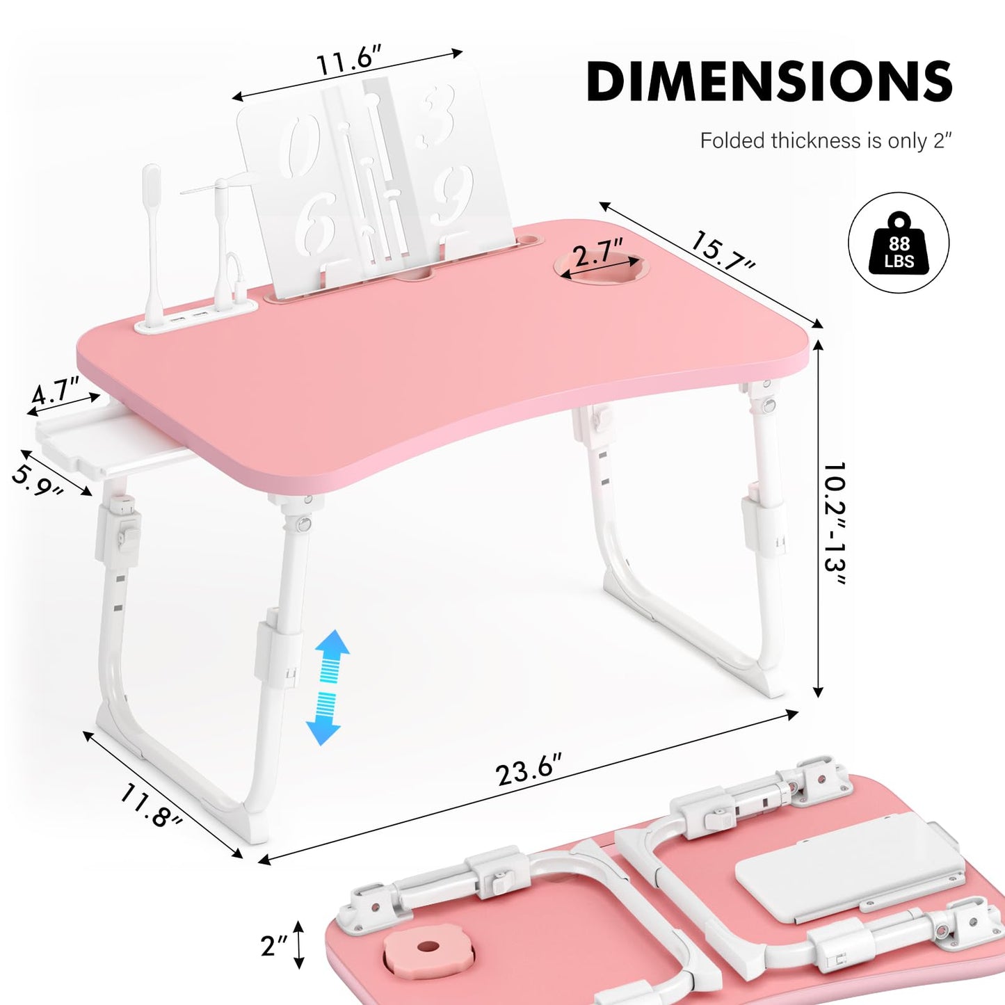 Lap Desk for Bed Adjustable Height, Foldable Bed Table with Storage Drawer, Tablet Slot & Cup Holder, Portable Laptop Stand for Bed & Sofa, Bed Desk for Adults & Kids, Pink