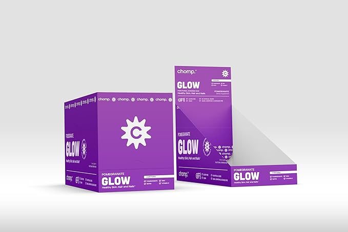 Chomp Gums - Glow - Beauty Gum (12 Pack) - Healthy Chewing Gum - Pomanox + Biotin + Zinc - Supports Healthy Skin, Hair, & Nails - Pomegranate Flavor - Gluten & Sugar Free - Aspartame & Sucralose Free
