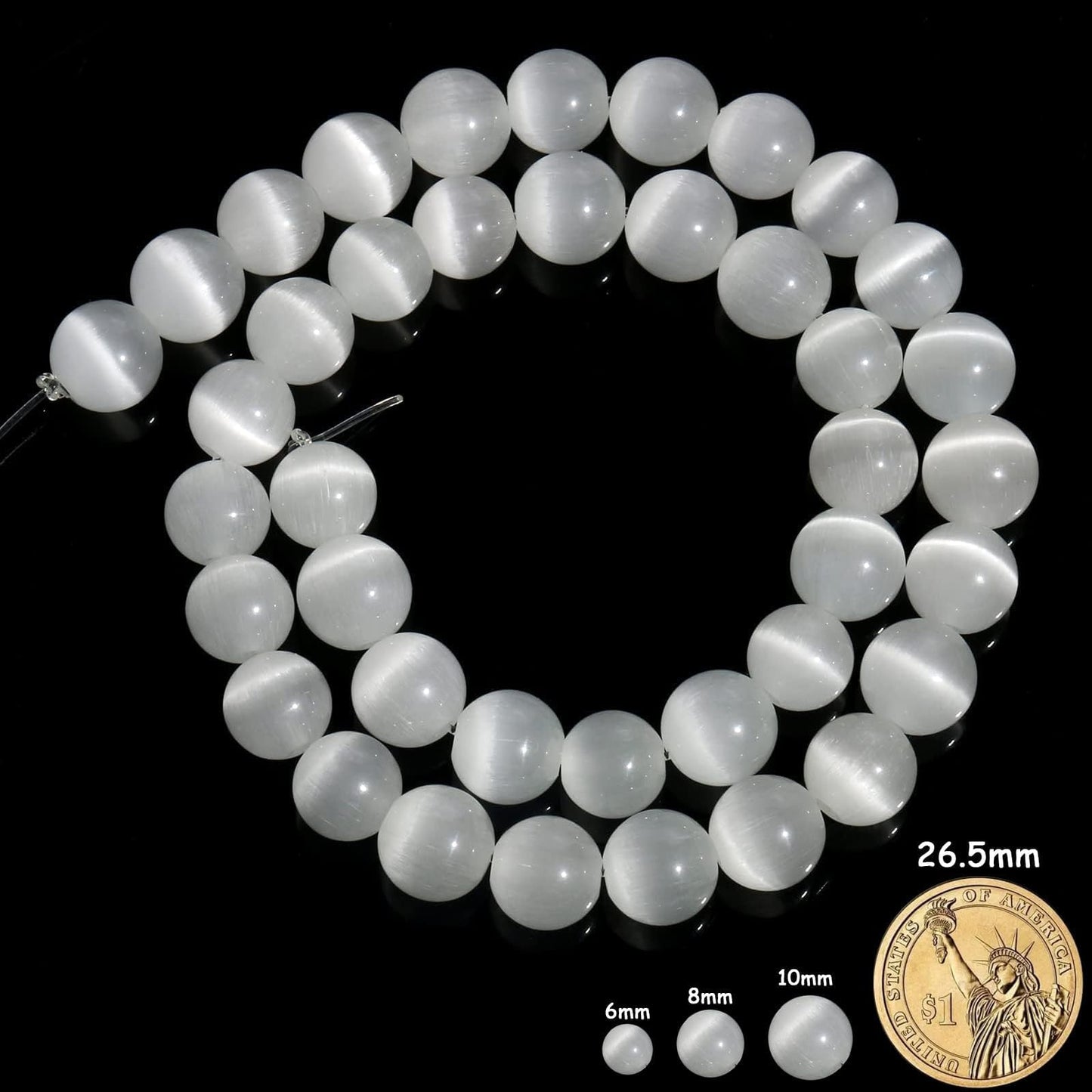 Yochus 45pcs White Cat Eye Stone Beads，8mm Healing Power Natural Stone Round Loose Beads for Jewelry Making Earring Necklace DIY Crafts