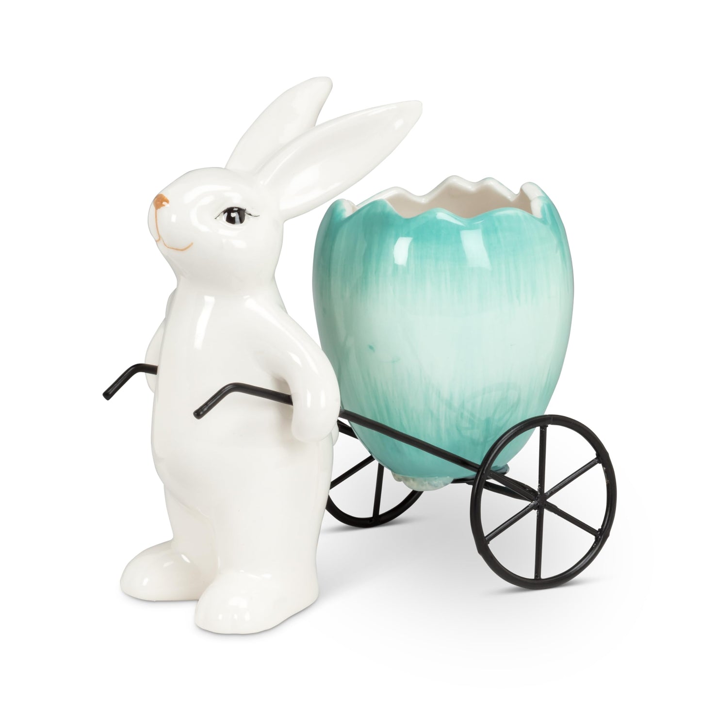 Abbott Collection Easter Bunny with Egg Wagon Planter - Ceramic, White/Turquoise (5" H)