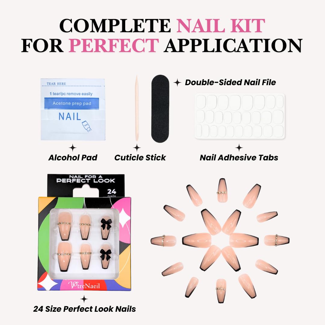 PerfectLook Press On Nails - Bow French | No Glue One-Day Long Coffin Nails, Black French Nude Nails with 3D Bow - 24 Pcs Nail Kit with Adhesive Tabs