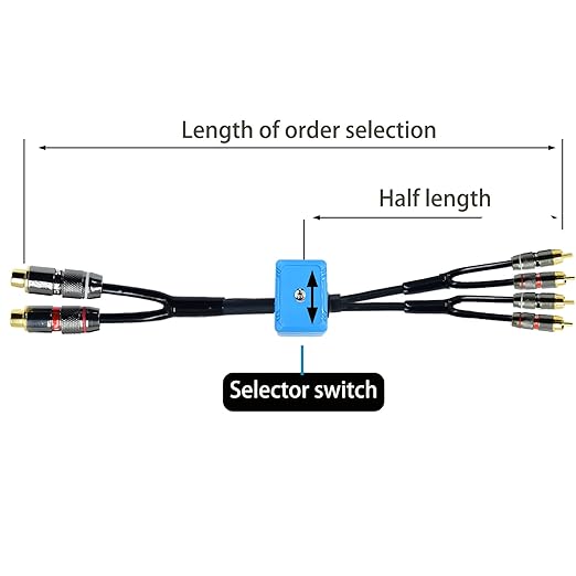 20ft Sound Channel swicher 2 Female to 4 Male RCA Switch Selector 2 in 1 Out R/L Stereo Audio 1 in 2 Out Stereo Audio Splitter with Mute Button No External Power Required CD Speaker DVD Player