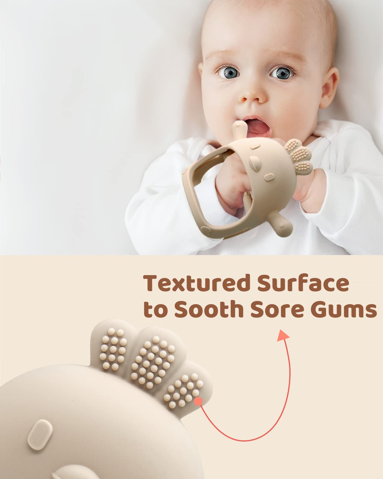 3 Pack Baby Teething Toy Silicone Teething Mitten for Babies Over 3 Months Anti Dropping Wrist Hand Teethers Baby Chew Toys for Sucking Needs, BPA Free (Pink, Caramel & Coral Red)