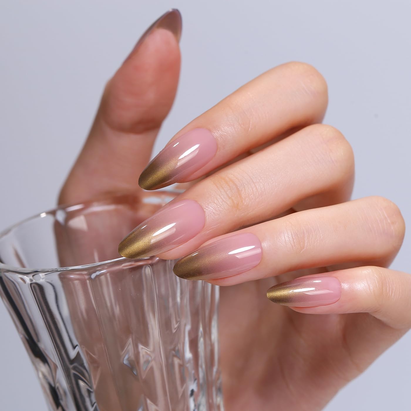 Goolich Gold Chrome French Tip Press On Nails Medium Almond, Sheer Pink Nails Press ons Set with Adhesive Tabs, 24 Pcs 12 Size Reusable Full Cover Glue on Nails for Women