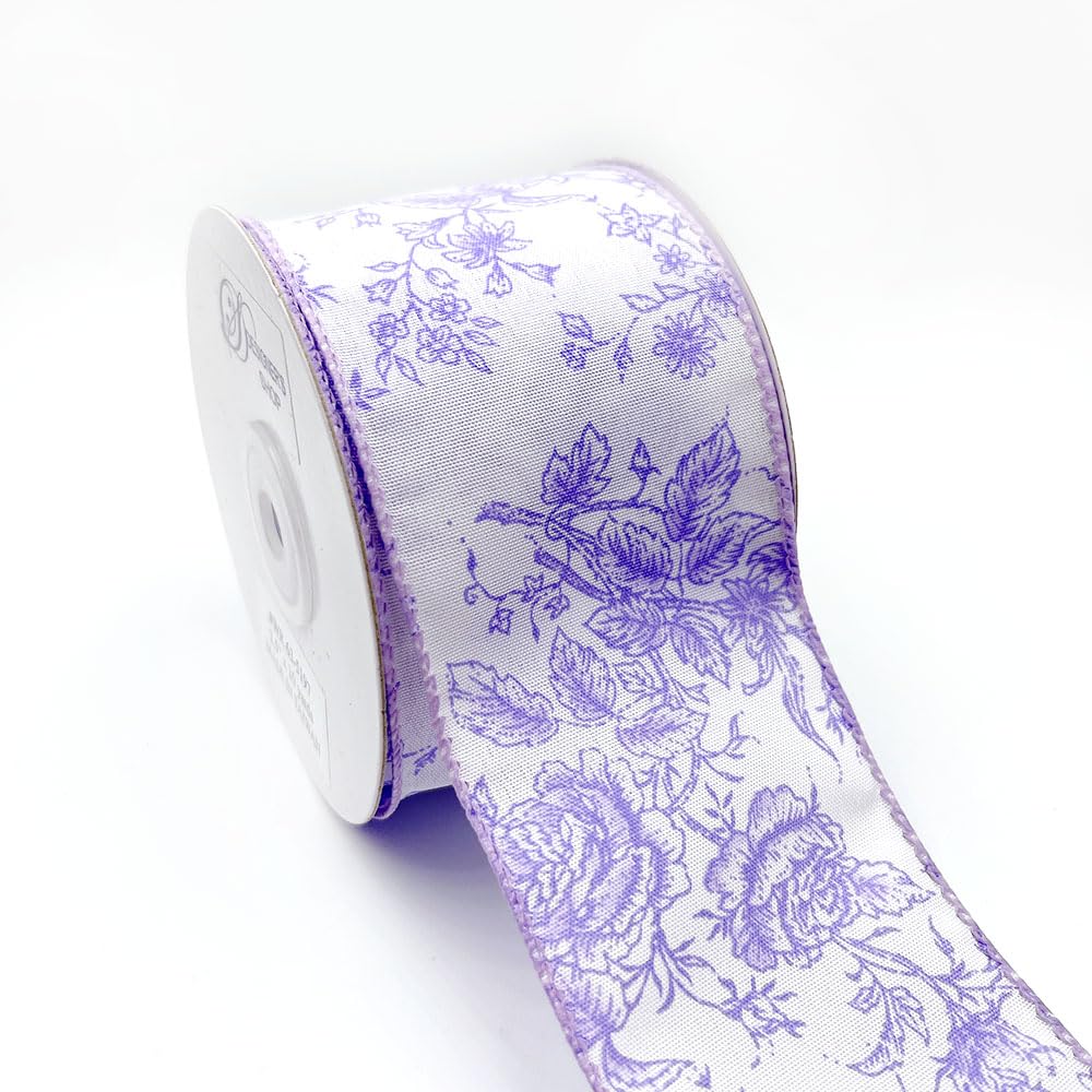 Designer’s Shop Rose Floral on Cream Wired Edge Ribbon 2.5” x 10 Yard for DIY Crafting, Home Décor Flower Arrangement (Lilac Lavender)