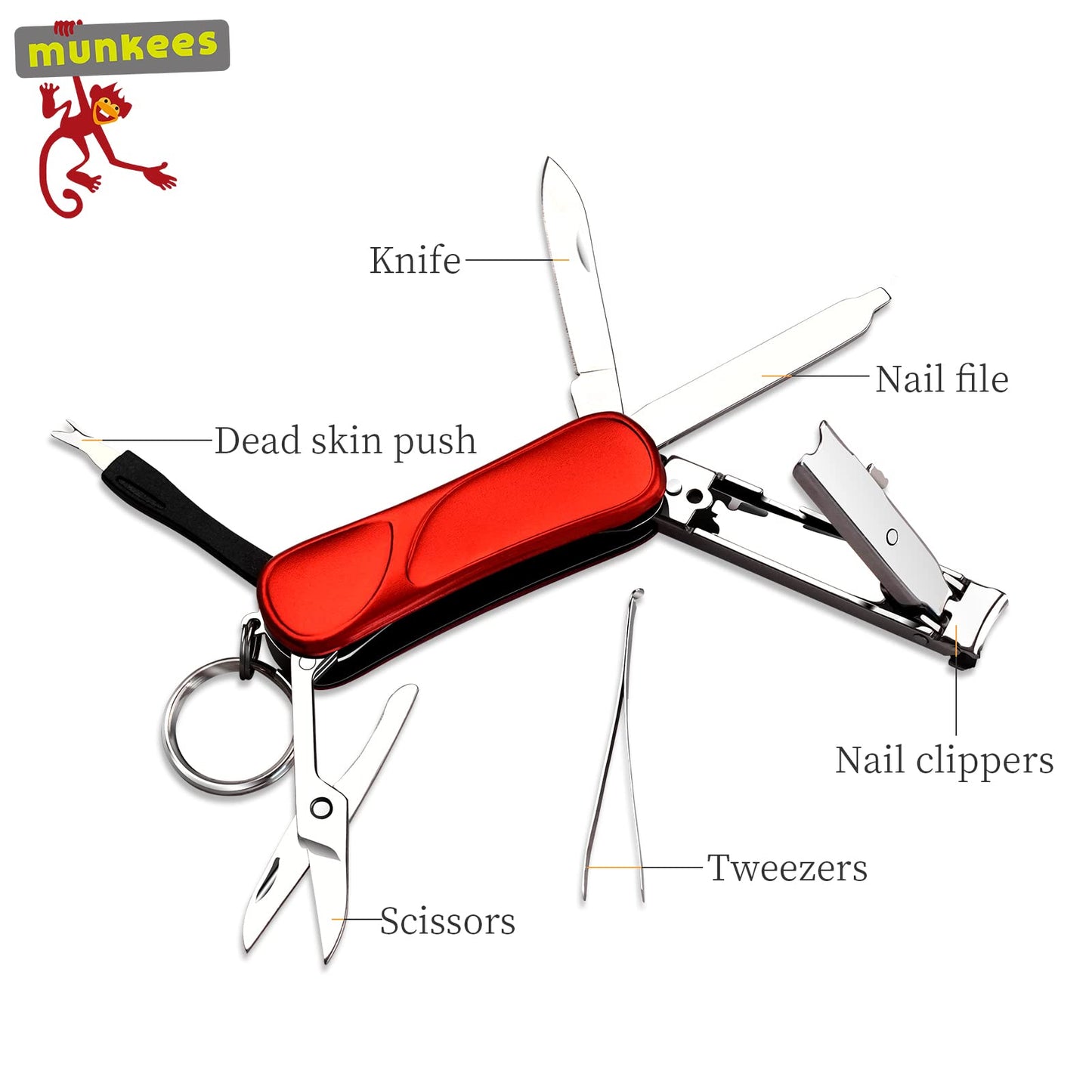 Munkees 6-Function Manicure Keychain Multi-Tool, Nail File, Fingernail Clippers, Scissors, Knife, Tweezers, Cuticle Pusher, Trimmer, Remover, Mini Portable Pocket Key Ring Gift