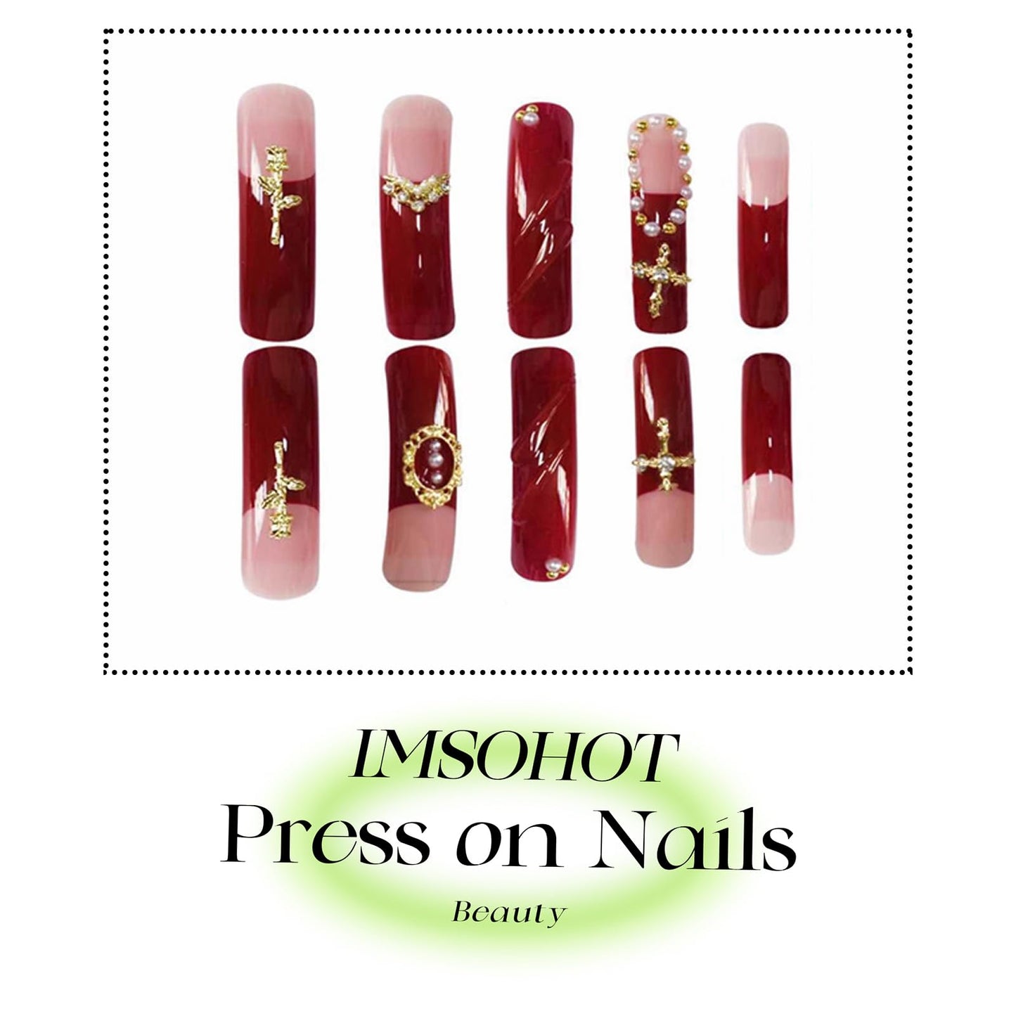 IMSOHOT Extra Long Press on Nails Curved Long Fake Nails Wine Red French Nail Tips, Golden Charms, Glossy, Acrylic False Nails Full Cover Handmade DIY Glue on Nails