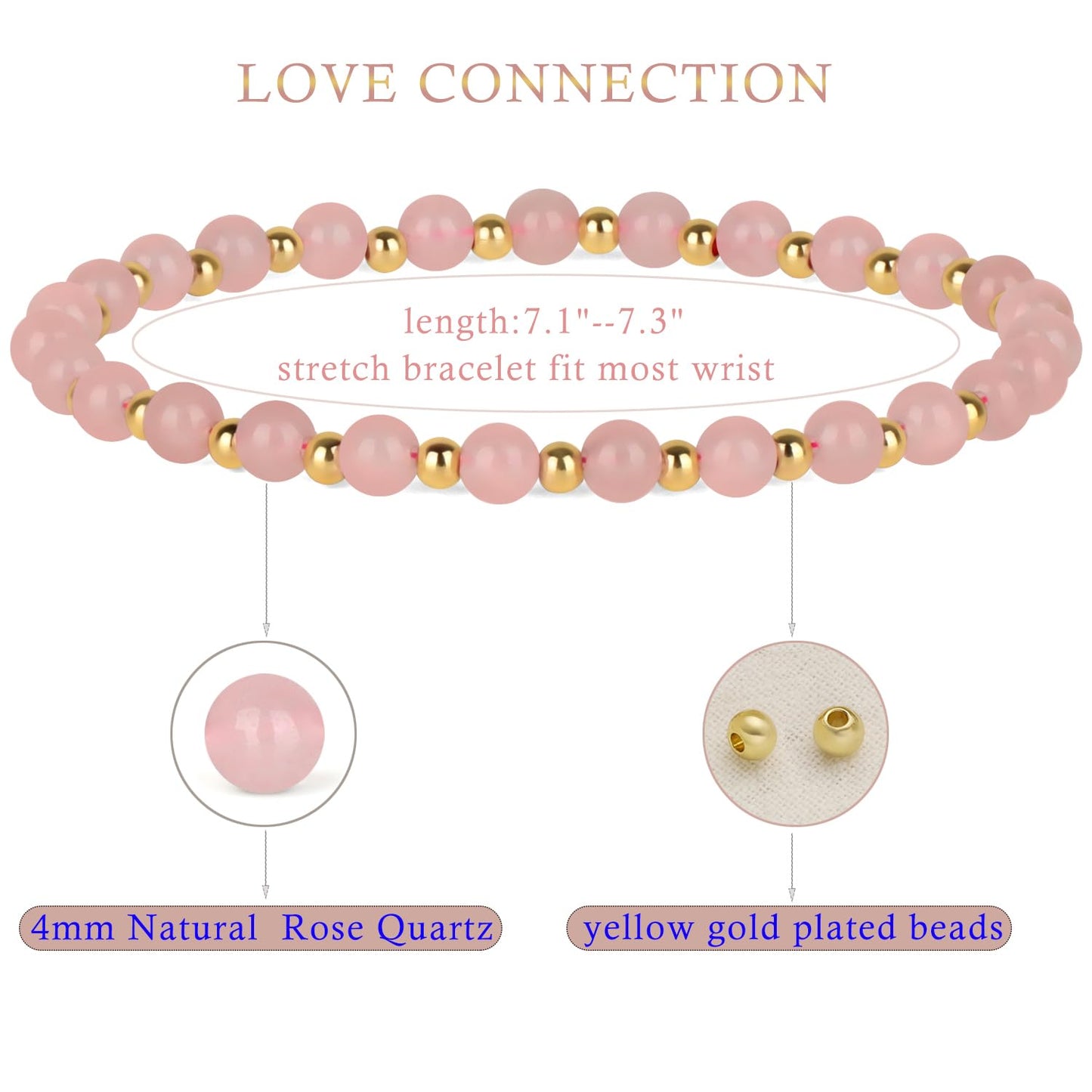 QOGIR Rose Quartz - Love Connection - 14K Gold Plated Beads Natural Gemstone Stretch Elastic Dainty Healing Beaded Bracelets Gifts 4mm