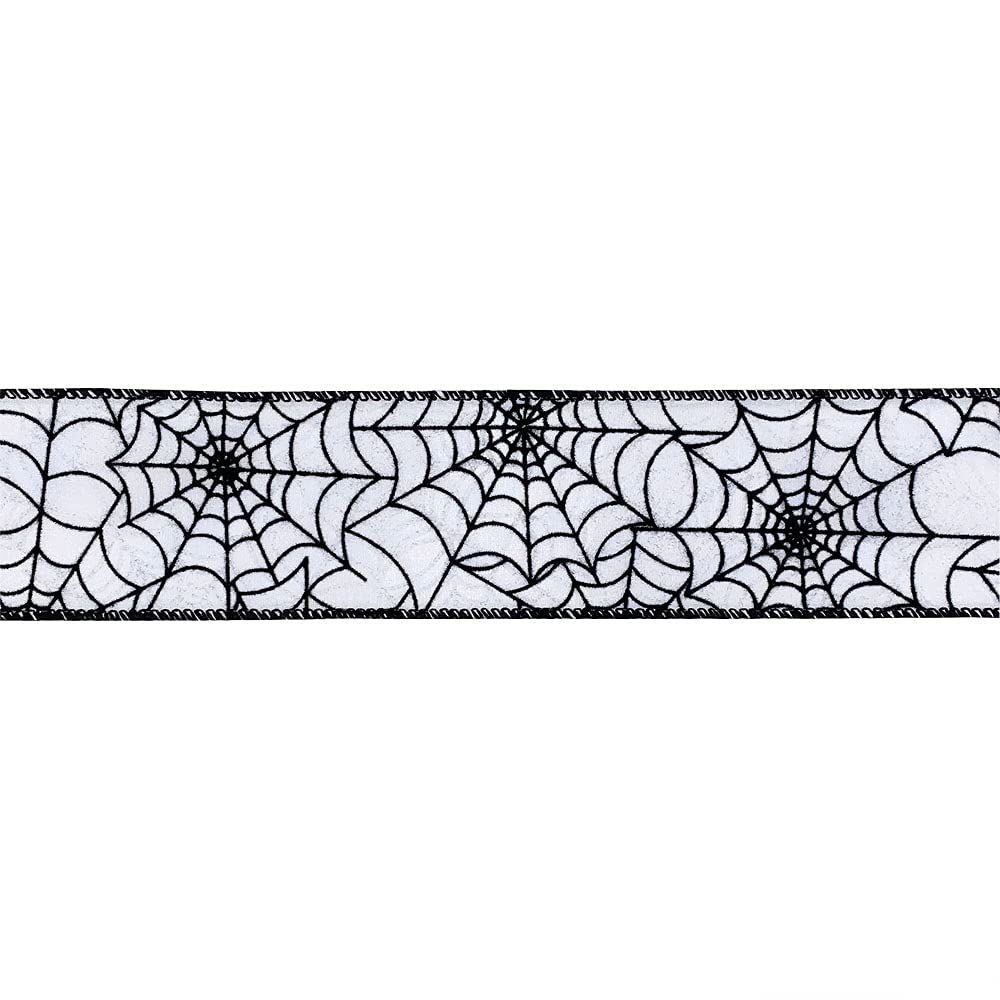 Designer’s Shop Halloween Wired Edge Ribbon 2.5” x 10 Yard for DIY Crafting, Home Décor (Spider Web- Black-White) WR 63-5113 Black Spider Web on White Satin Ribbon