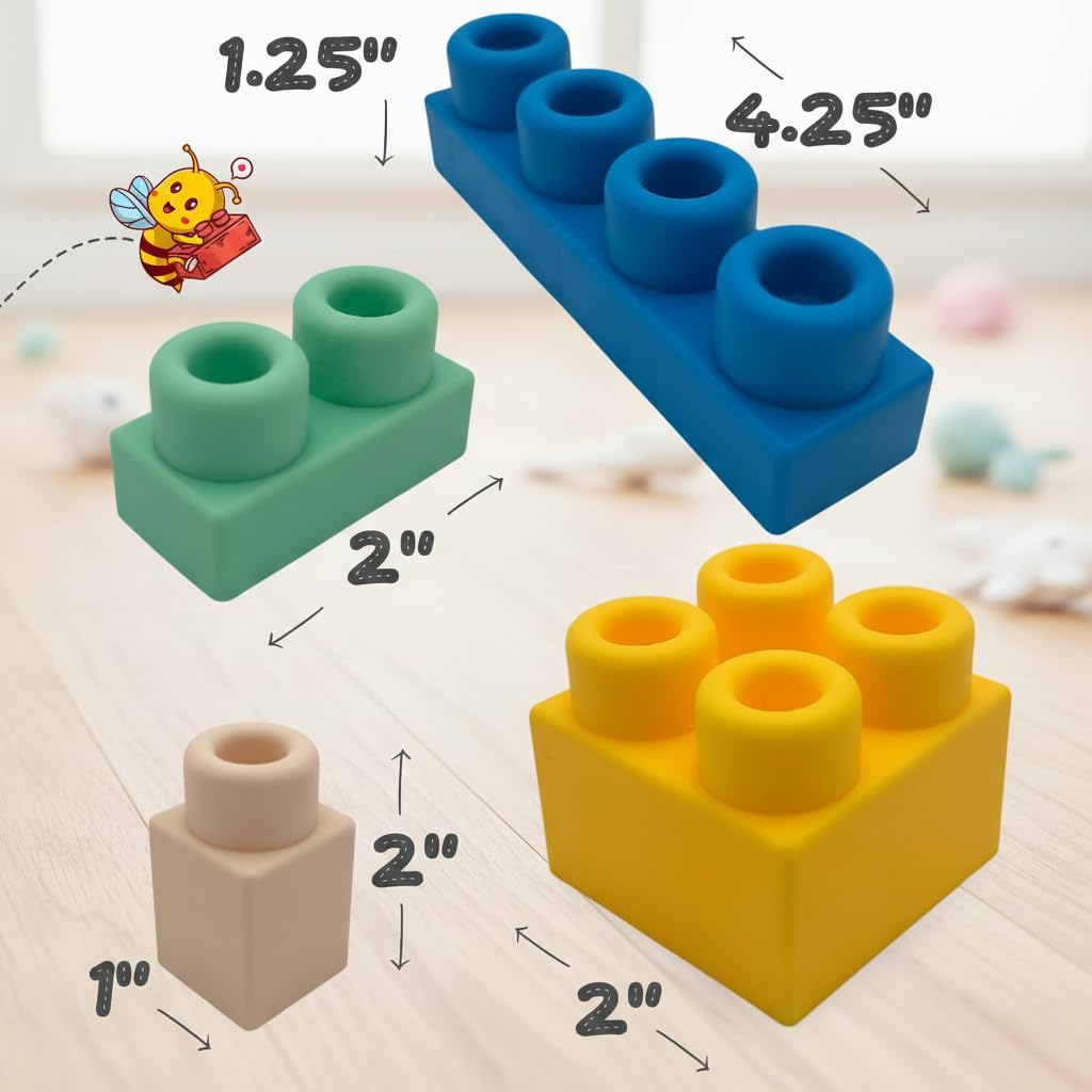 WaBee Baby Soft Rubber Building Blocks - 50 Pieces in Wheeled Bin Ages 12mo+ - Extra Large Chew-Safe Sensory Toys - STEM Learning Set - Not Compatible with Duplo/Mega