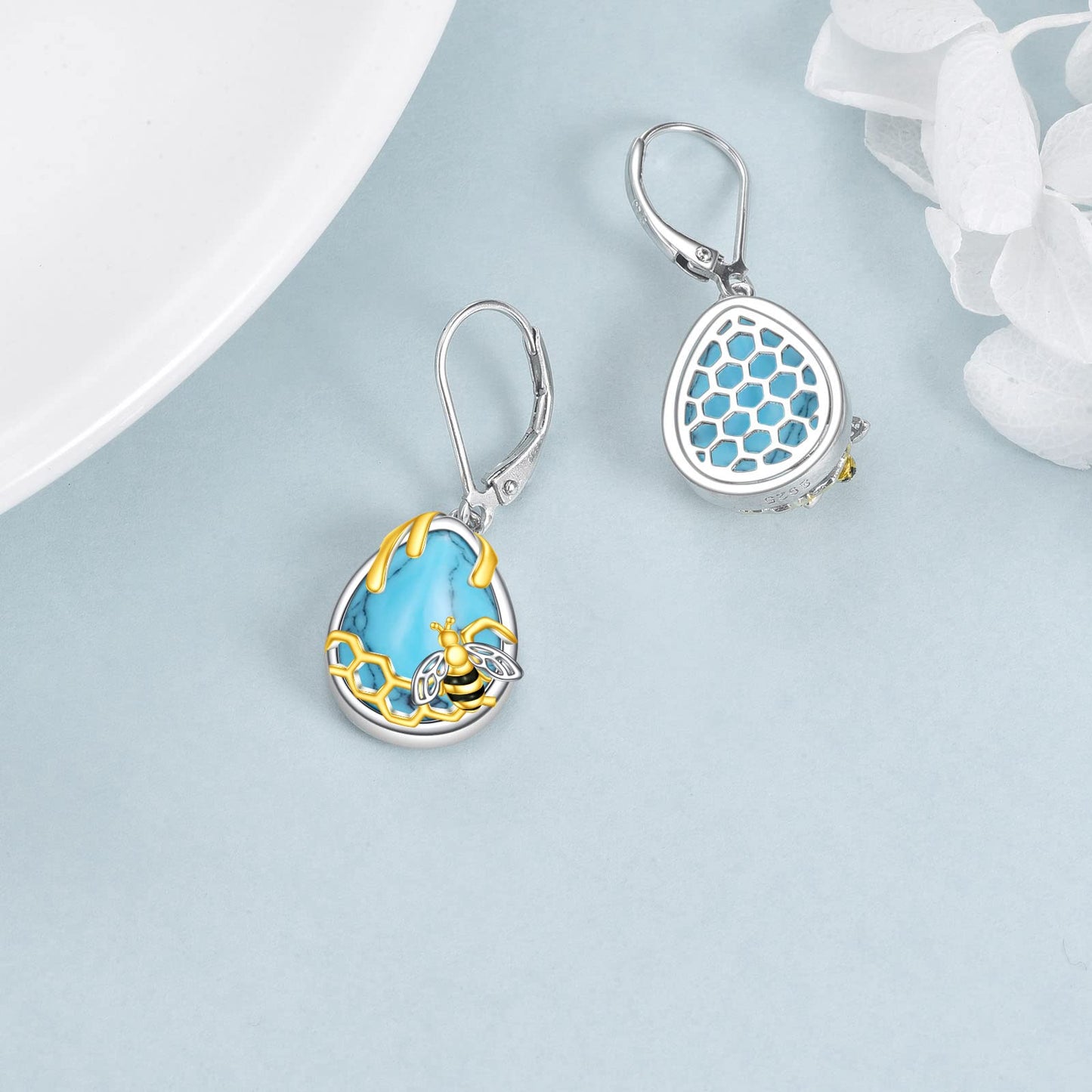 YFN Honeycomb Bee Turquoise Earrings 925 Sterling Silver Teardrop Dangle Hypoallergenic Leverback Earring for Women