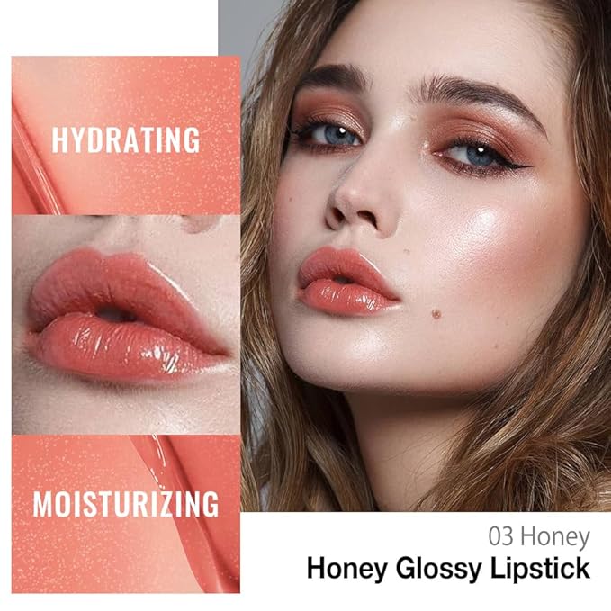 Kaely Honey Lipstick Tinted Lip Balm, Hydrating Shine Lipstick for Women Dry Lips, Moisturizing Nourishing Glossy Lip Gloss Stain Makeup, Sheer Lightweight, Vegan & Cruelty-Free, 03