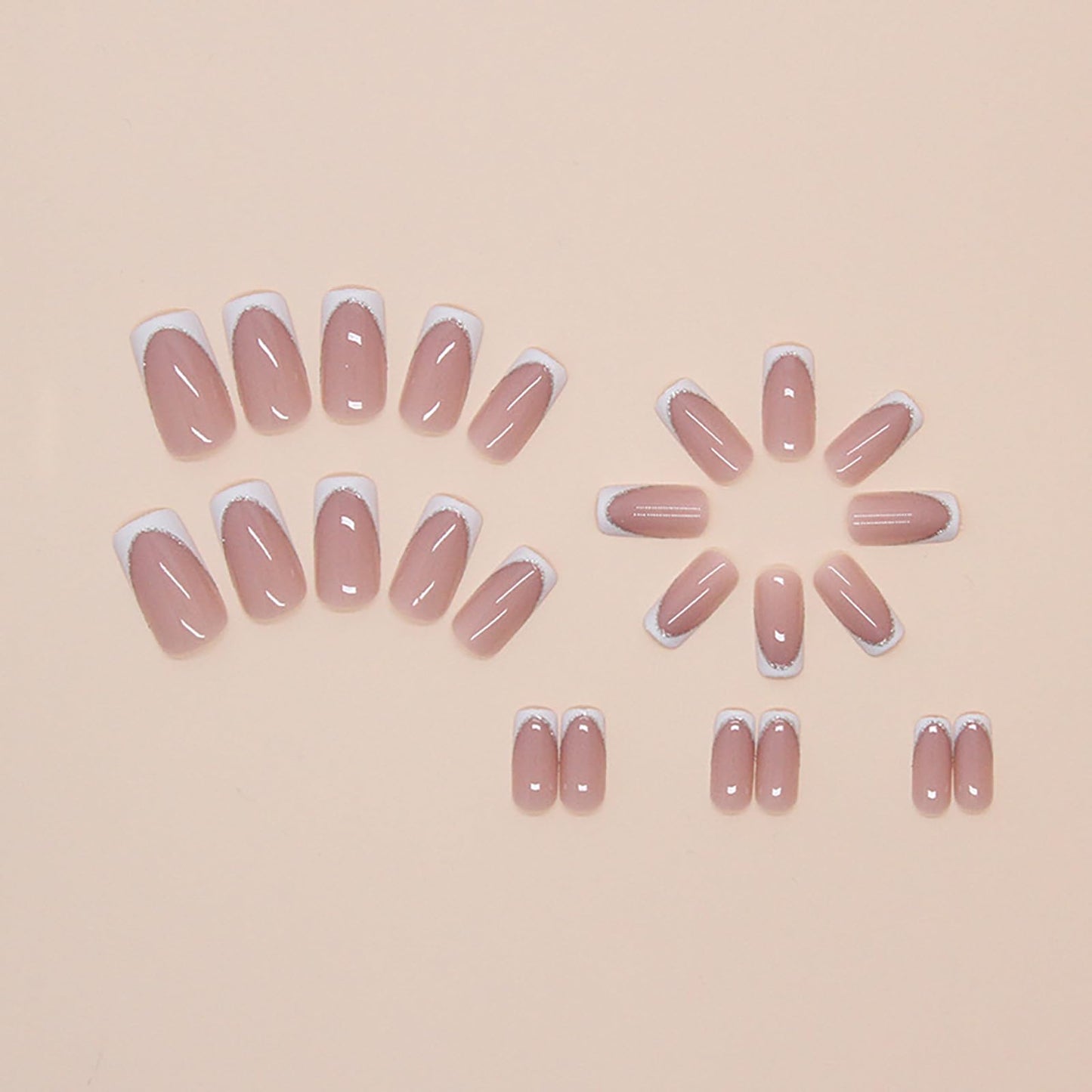 Medium Square Press on Nails With White French Tip Fake Nails Nude Pink Press ons with Silver Line Design Acrylic False Nails Glossy Artificial Stick on Nails for Women Girls 24 Pcs