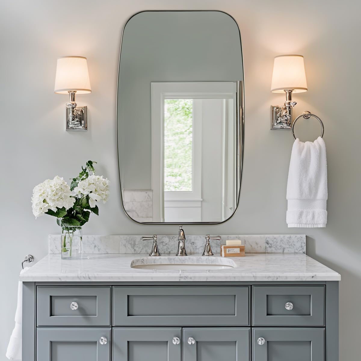 ANDY STAR Brushed Nickel Mirror, 30x48’’ Brushed Nickel Bathroom Oval Mirror with Stainless Steel Metal Frame, Silver Oblong Mirrors Wall Mounted for Bedroom, Living Room Decor