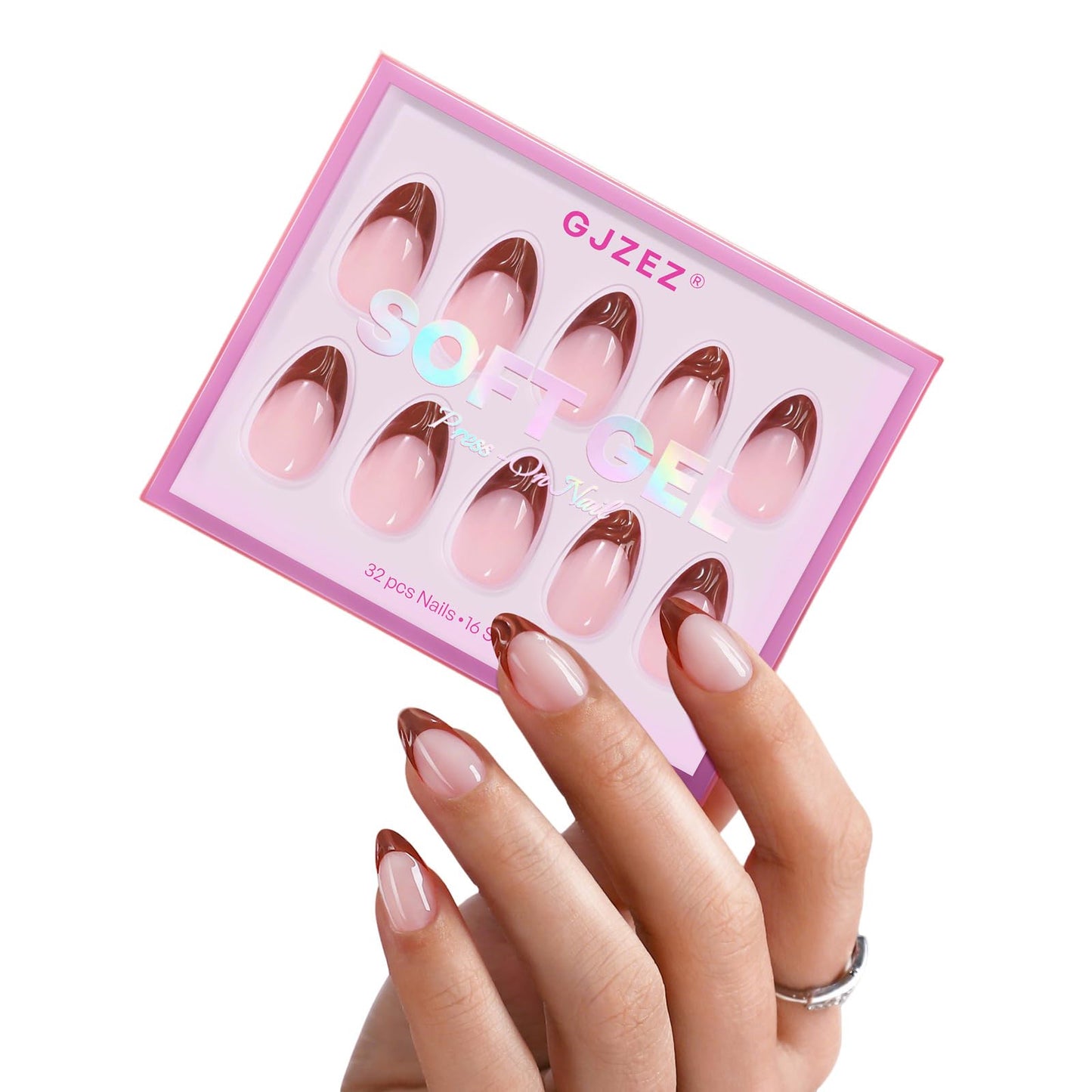 Chocolate Brown Fall French Tip Press on Nails Short Almond - GJZEZ Soft Gel Fake Nails Press Ons with 3D Sculpting Wave, Durable Handmade Glue on Nail | 16 Sizes - 32 Reusable Nail, Mocha Mousse